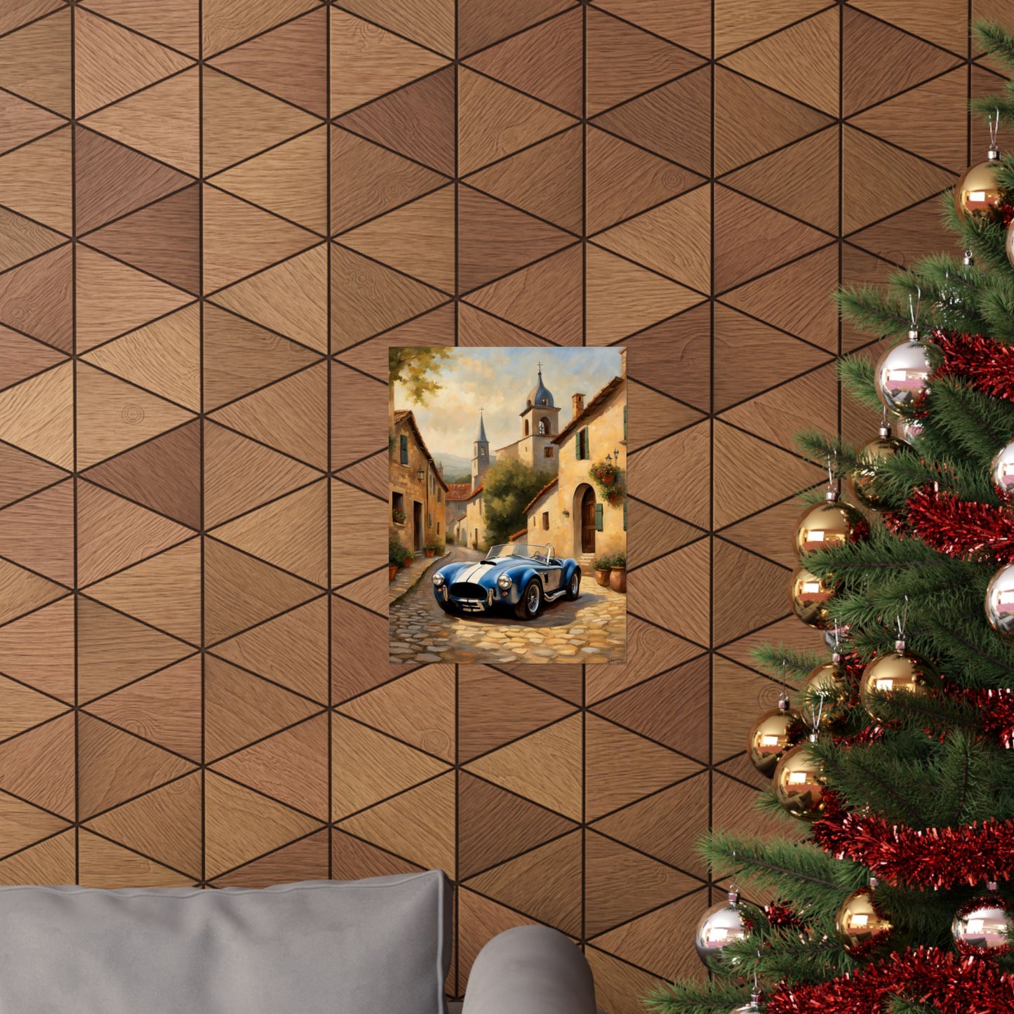 Nostalgic American Car Art poster displayed on a stylish wall with wooden geometric pattern