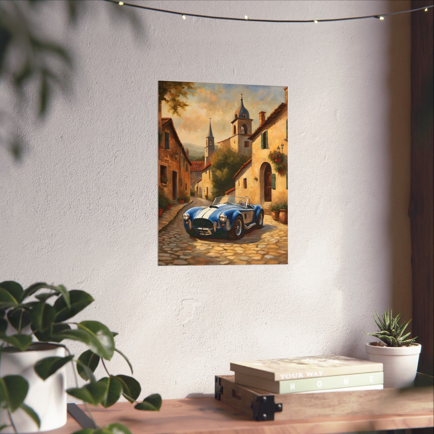Nostalgic American Car Art poster featuring a vintage blue car on a cobblestone street
