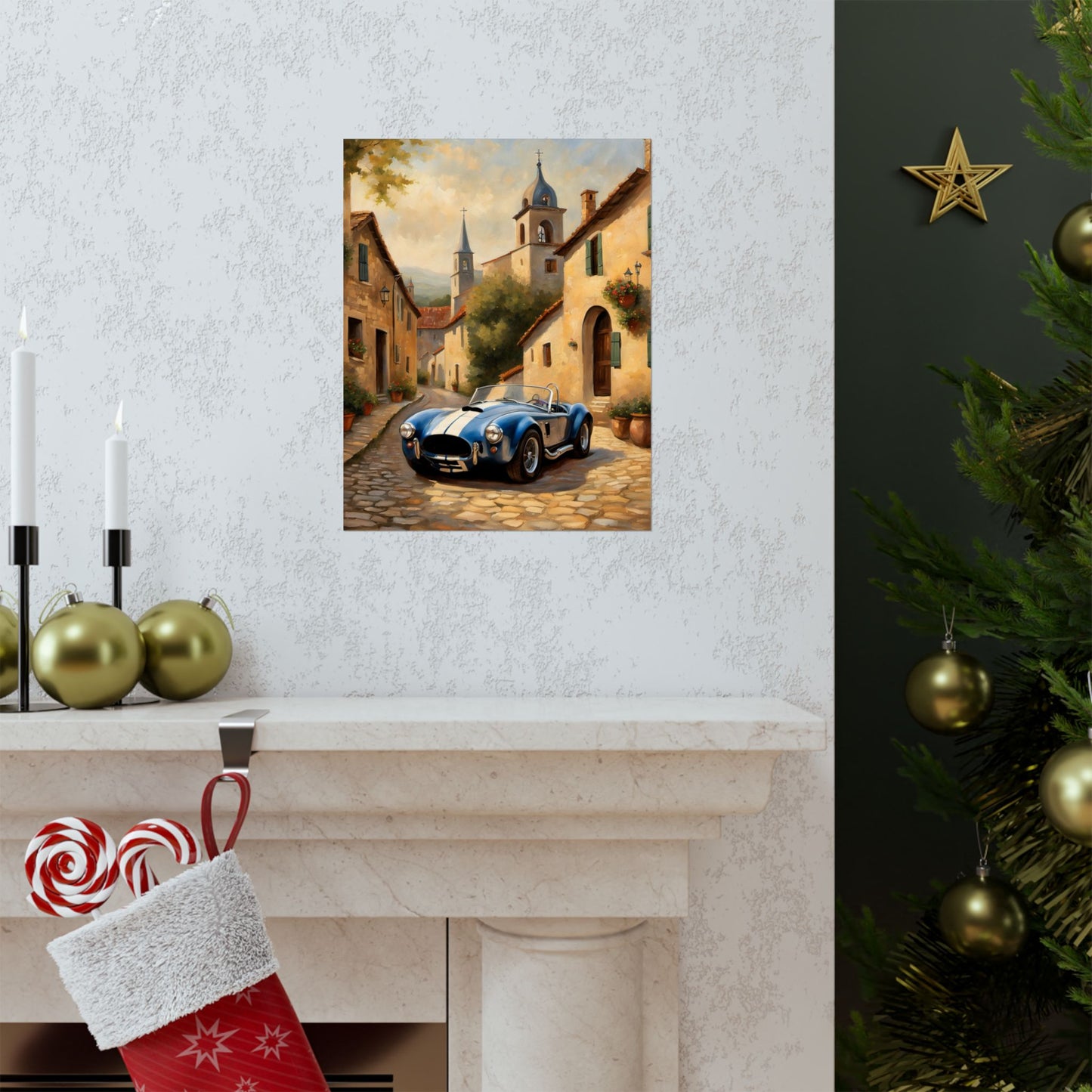 Nostalgic American Car Art poster featuring a classic car on a cobblestone street near a cozy cottage