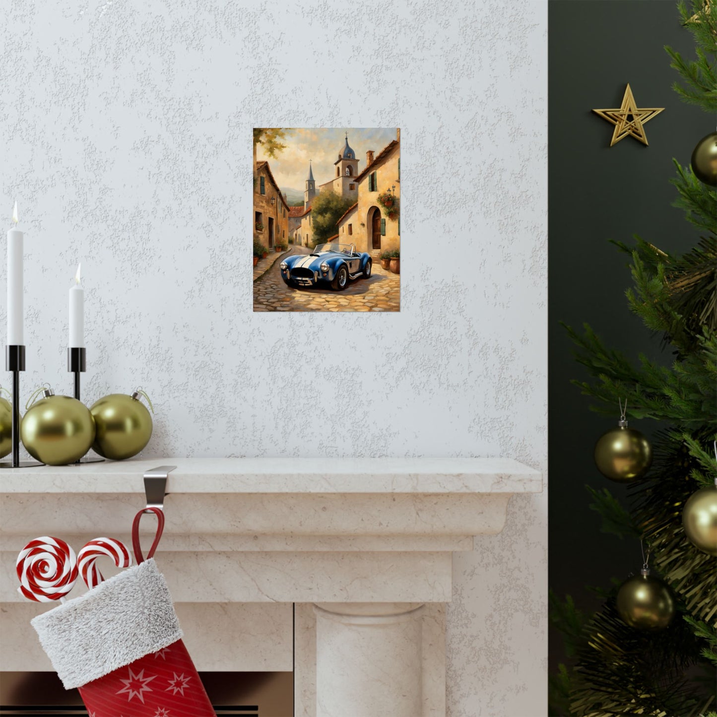 Nostalgic American Car Art poster on a wall above a mantel with holiday decor