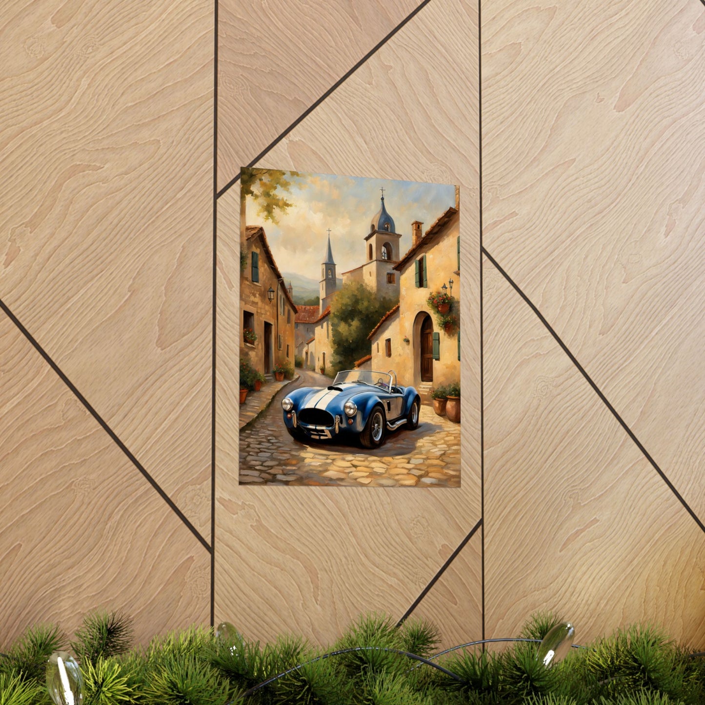 Nostalgic American Car Art poster of a classic blue sports car in a picturesque village setting