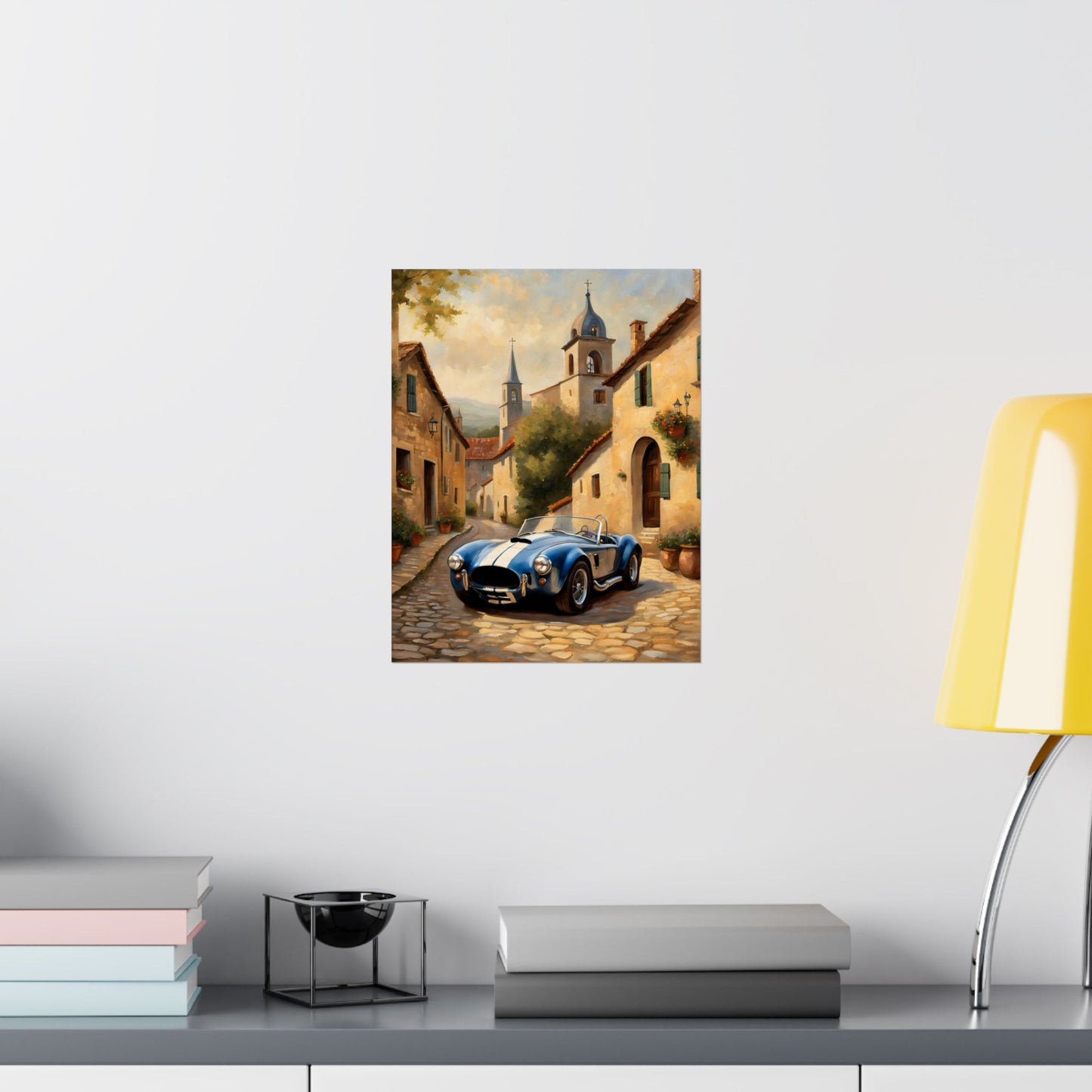 Nostalgic American Car Art featuring a classic sports car in a quaint village setting