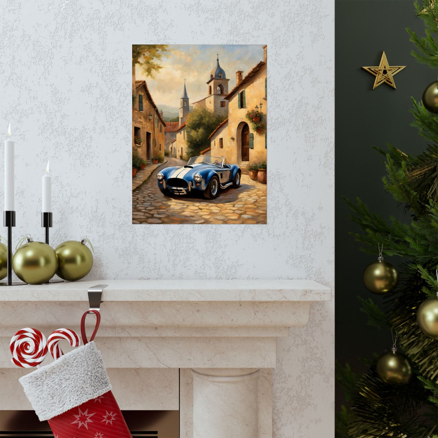 Nostalgic American Car Art featuring a classic blue car in a picturesque village scene