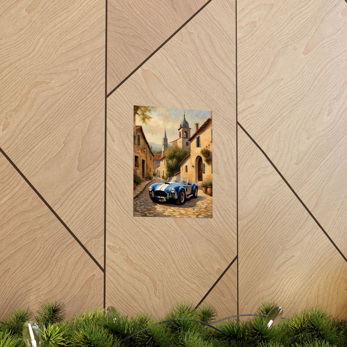 Nostalgic American Car Art poster featuring a retro car on a cobblestone street with historic buildings