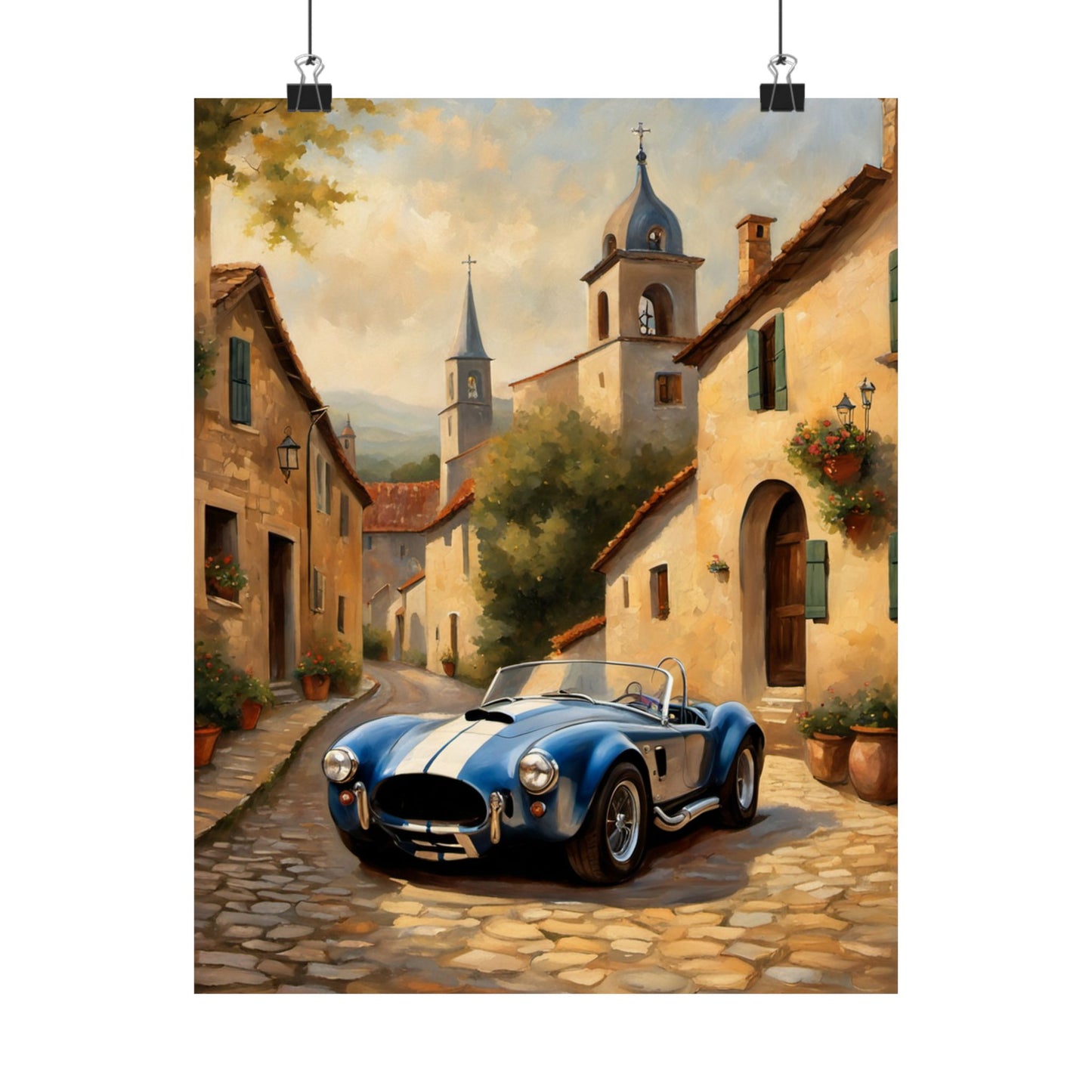 Nostalgic American Car Art featuring a blue vintage sports car on a cobblestone street