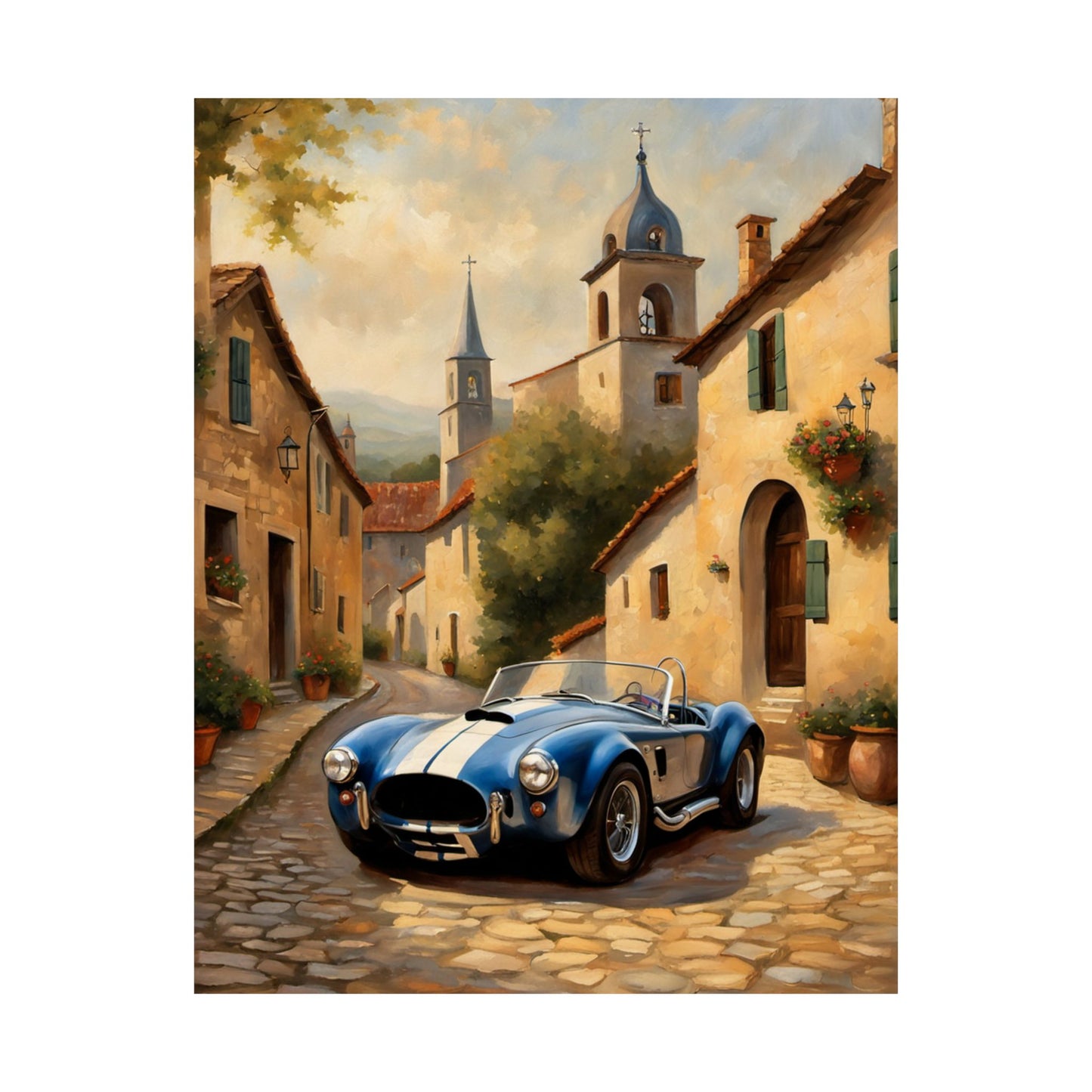 Nostalgic American Car Art featuring a blue sports car on a quaint cobblestone street