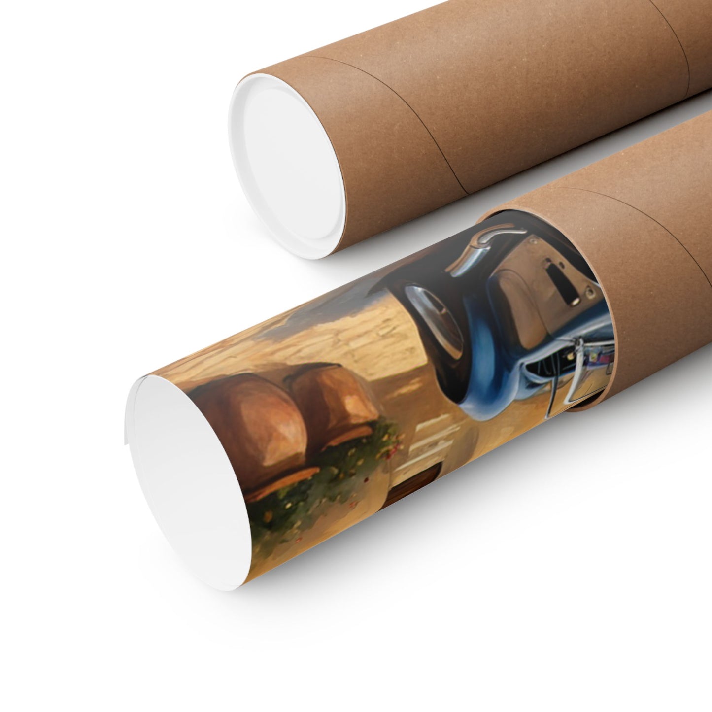 Nostalgic American Car Art Poster rolled in a protective tube, showcasing vintage car details