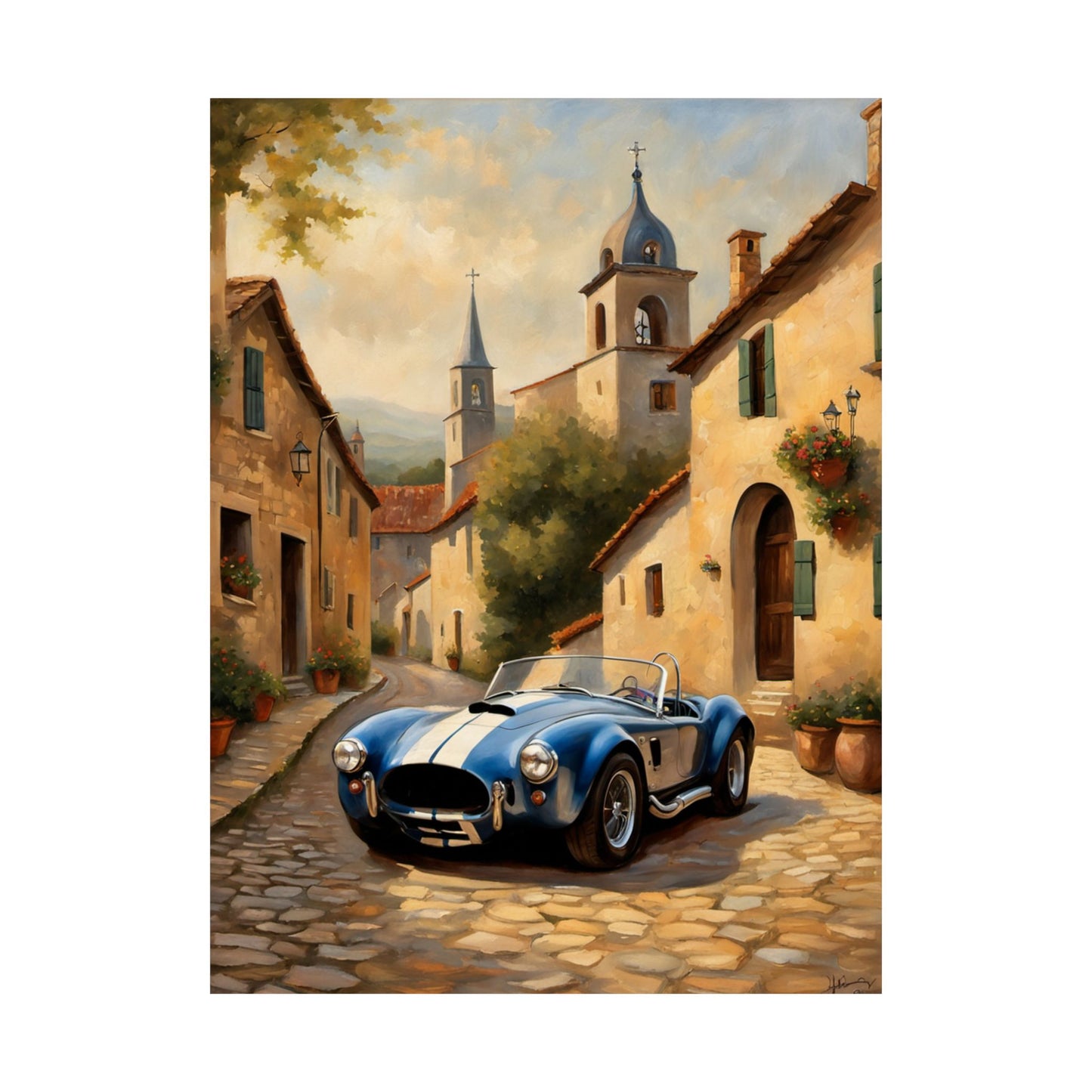 Nostalgic American Car Art featuring a blue vintage sports car parked in a charming village street