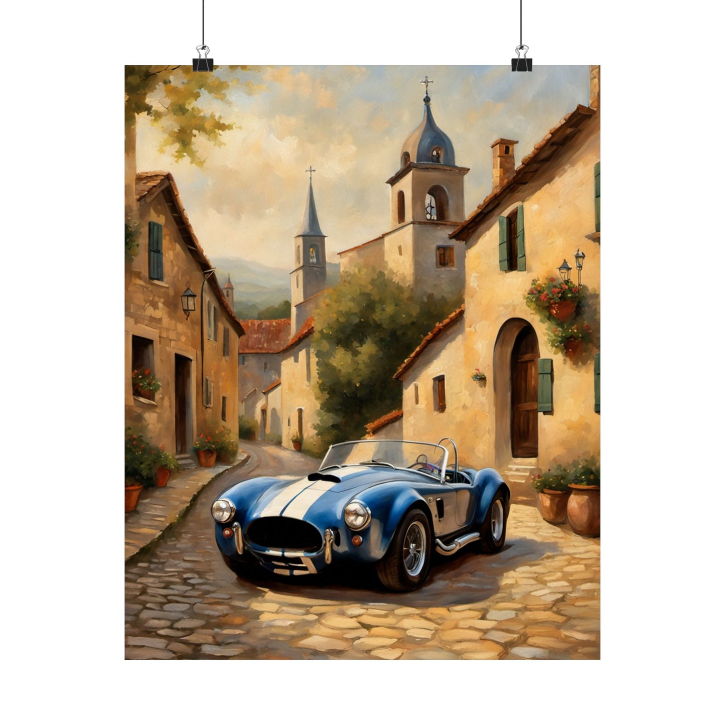 Nostalgic American Car Art featuring a blue old sports car parked in a charming village street