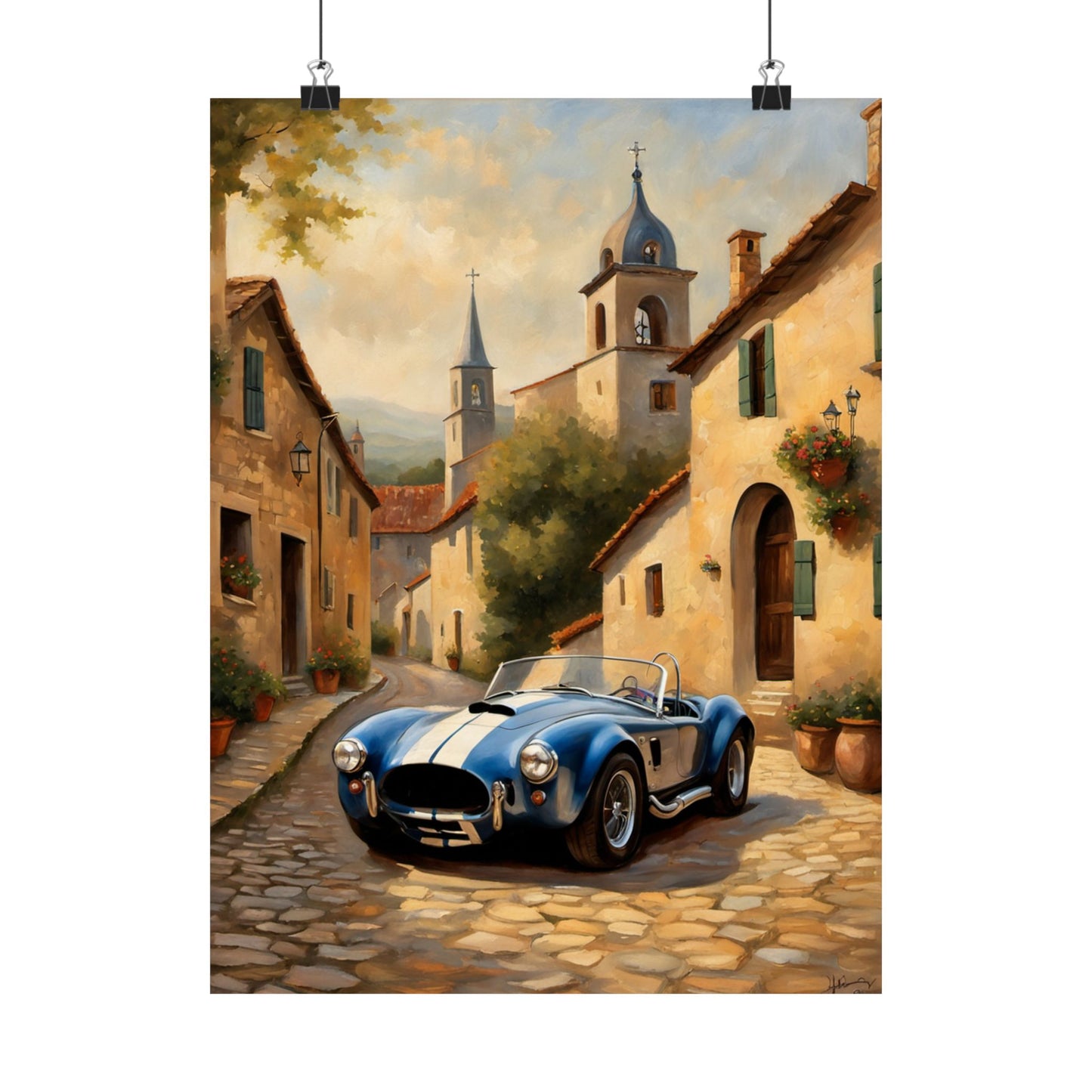 Nostalgic American Car Art featuring a classic blue sports car parked in a picturesque village street