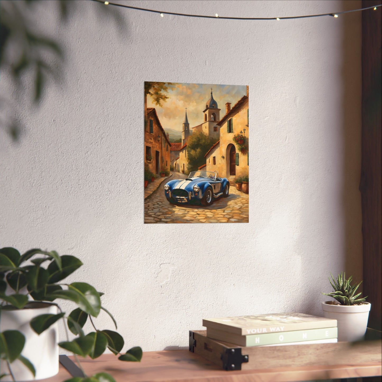 Nostalgic American Car Art featuring a blue sports car on a cobblestone street in a charming village setting