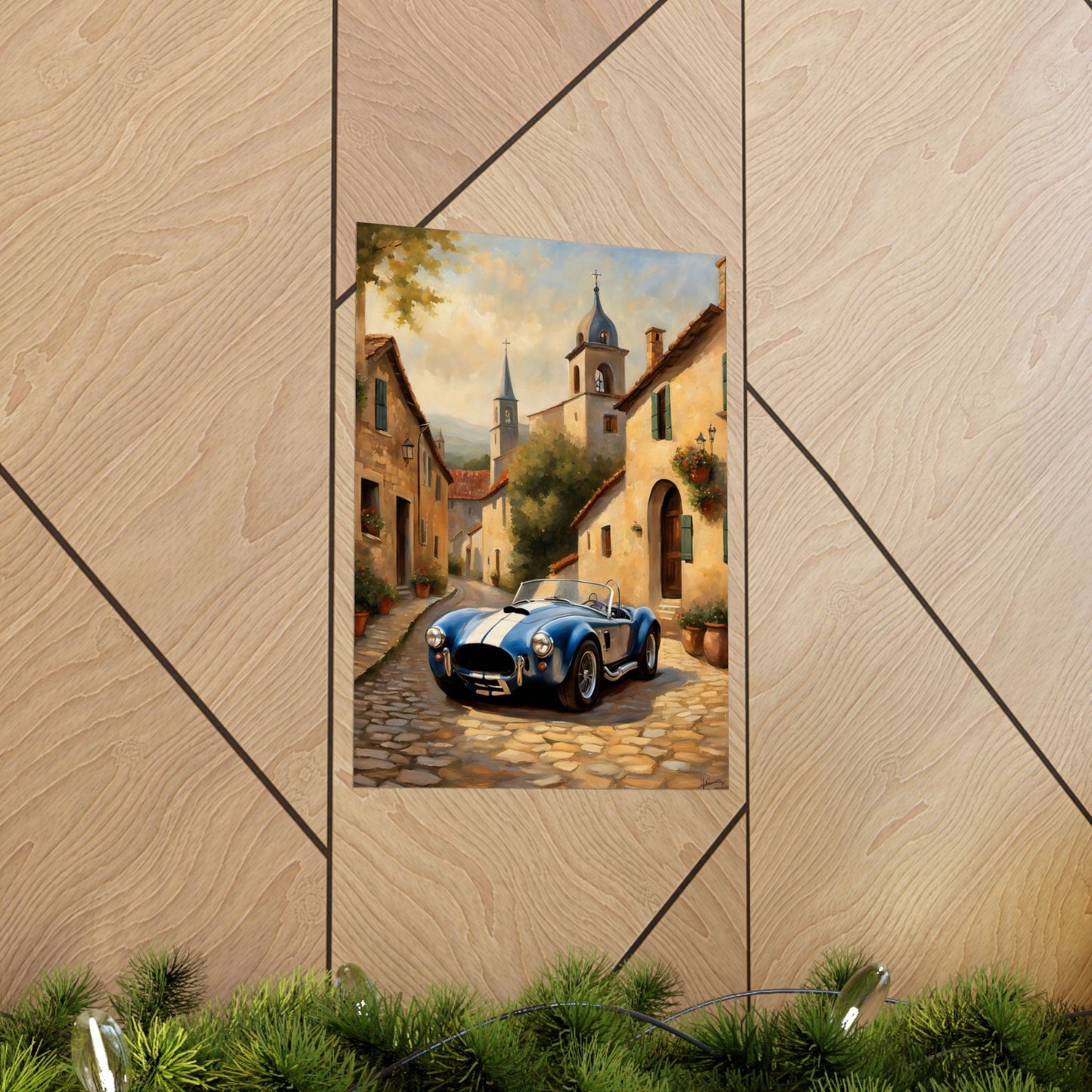 Nostalgic American Car Art featuring a blue sports car in a rustic village setting