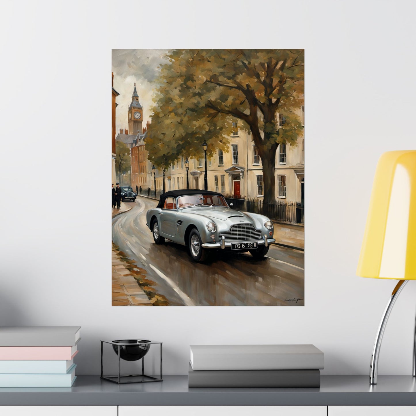 Nostalgic Automobile Wall Art featuring a classic car driving down a tree-lined street