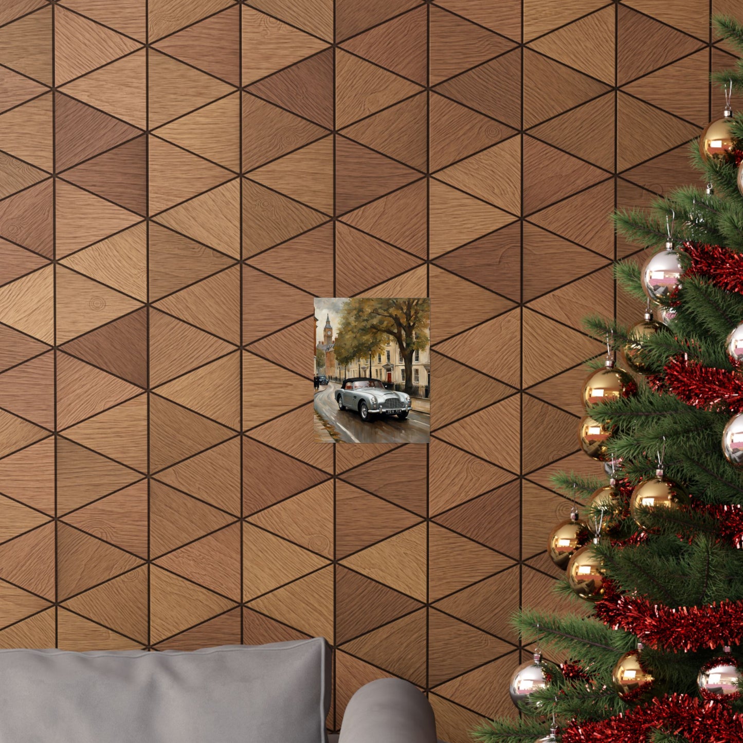 Nostalgic Automobile Wall Art displayed on geometric wood-patterned wall with Christmas tree in the decor