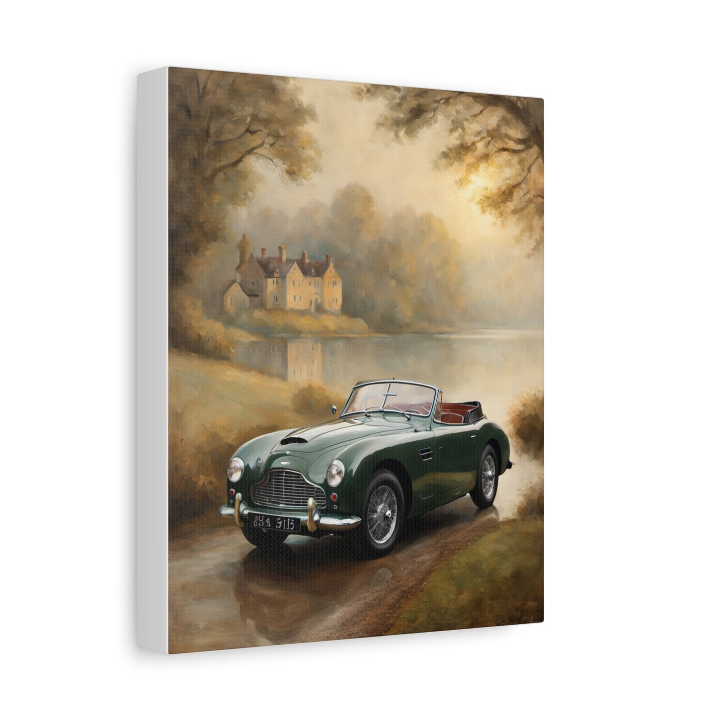 Nostalgic Car Canvas Art featuring a vintage green convertible parked by a scenic lakeside view