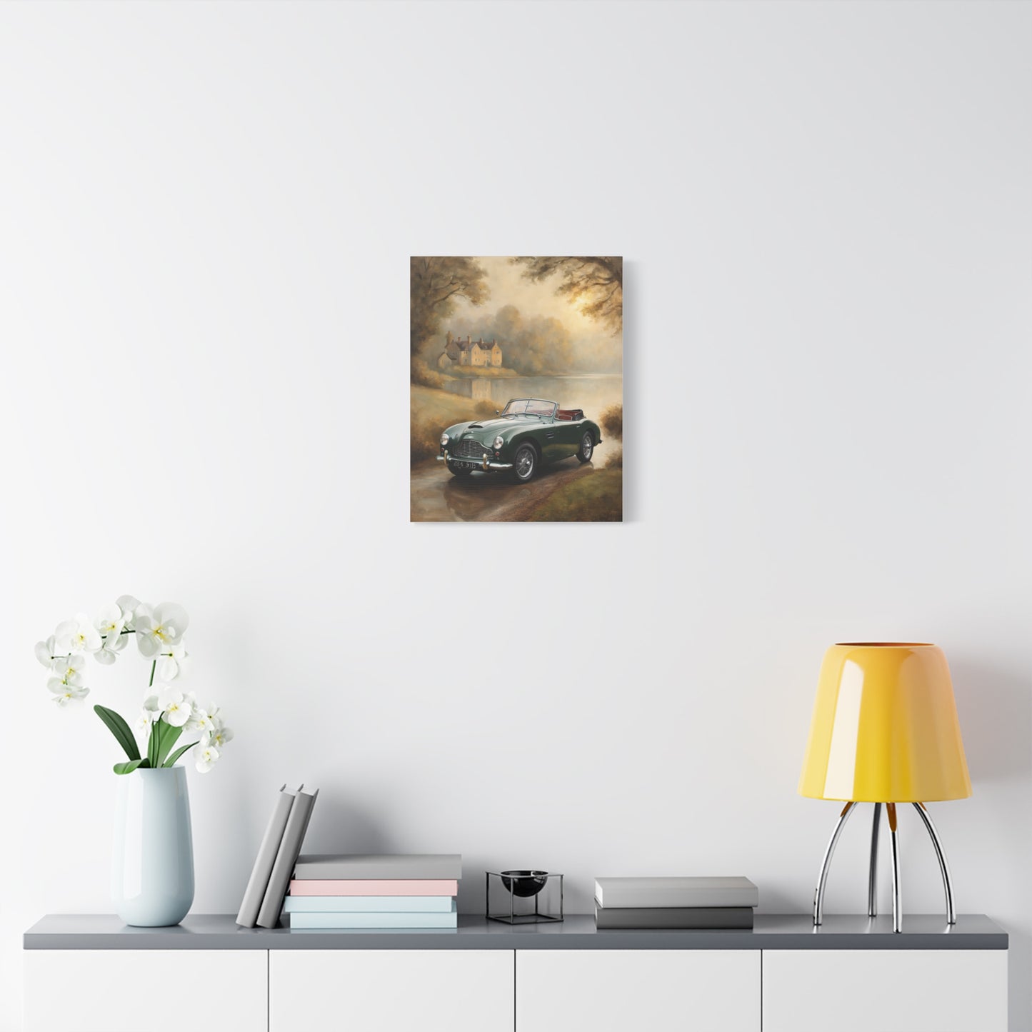 Nostalgic Car Canvas Art featuring a classic car in a serene landscape setting