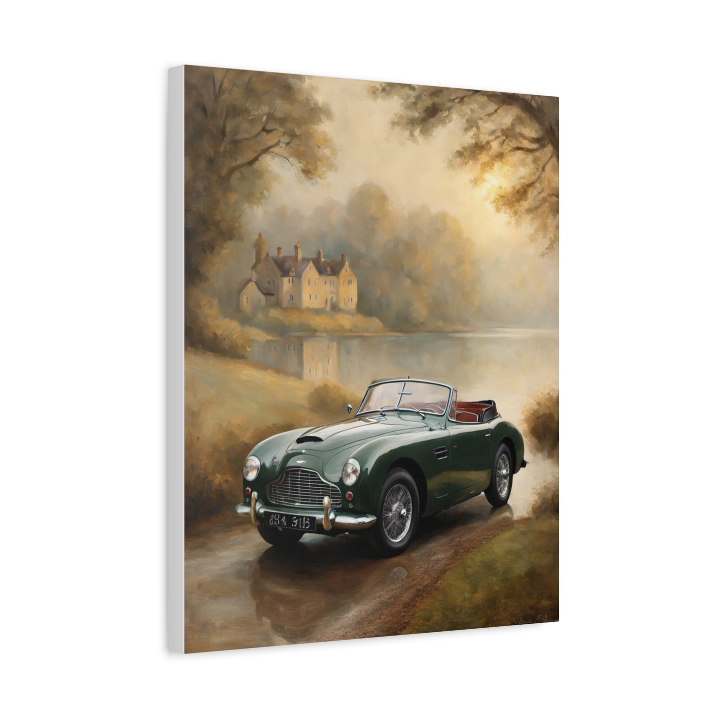 Nostalgic Car Canvas Art featuring a vintage green car in a serene landscape with a house and lake