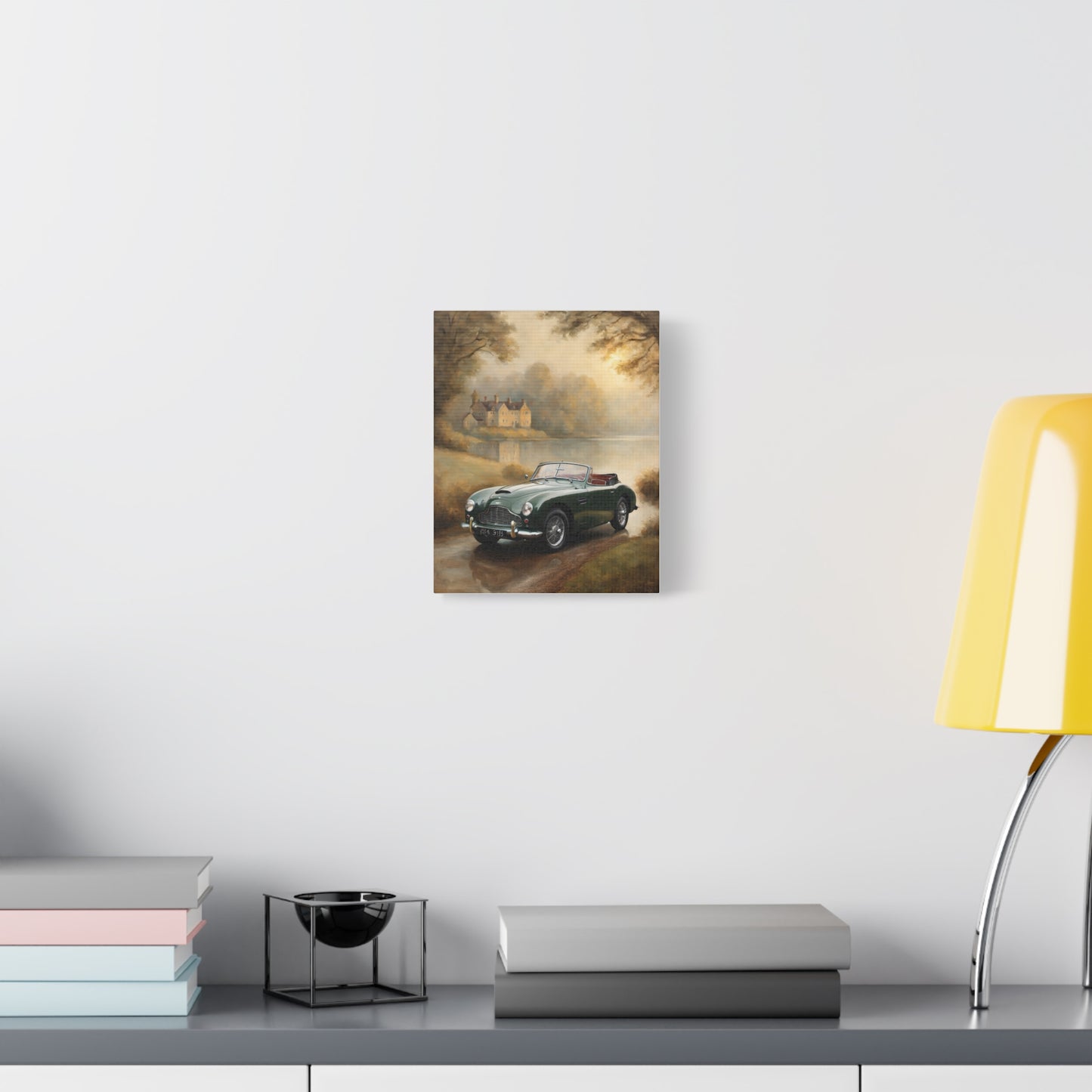 Nostalgic Car Canvas Art featuring a classic green car in a scenic landscape