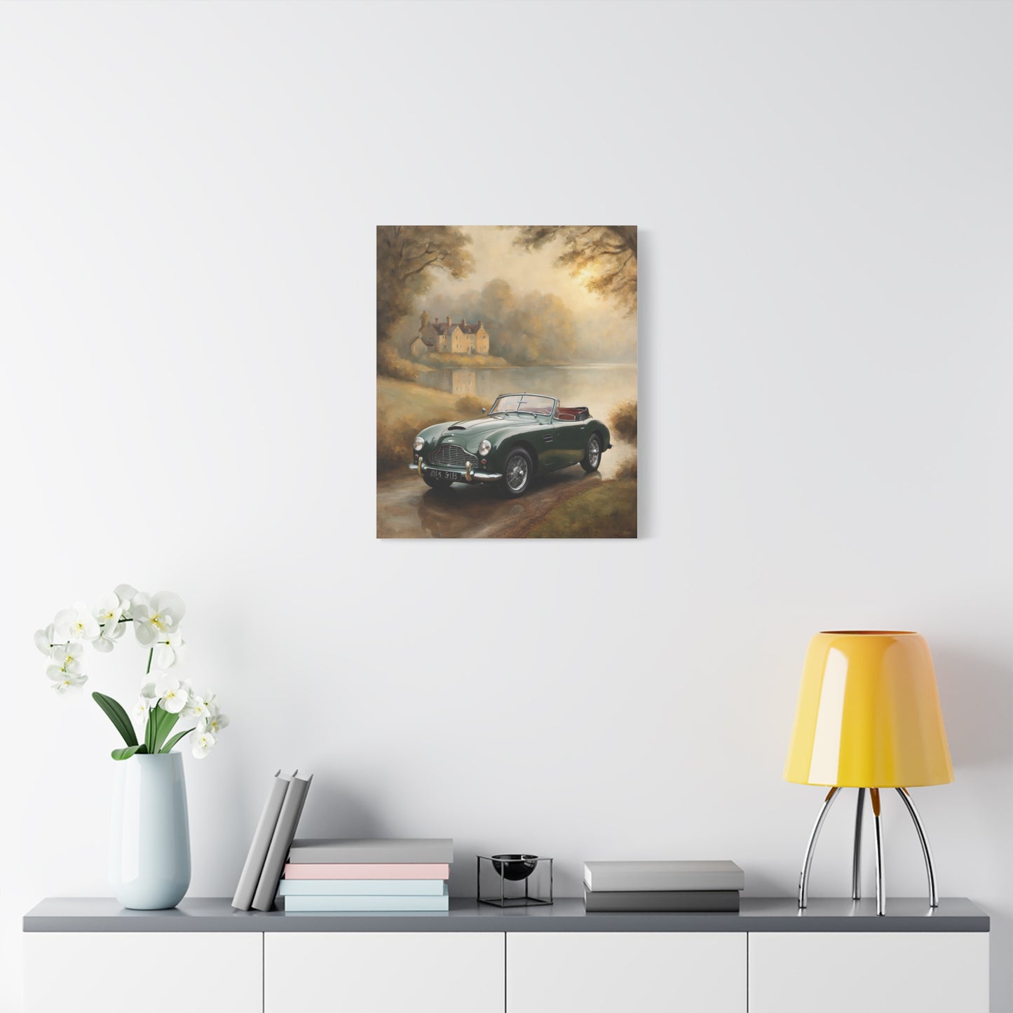 Nostalgic Car Canvas Art featuring a vintage car near a serene landscape with a lake and trees