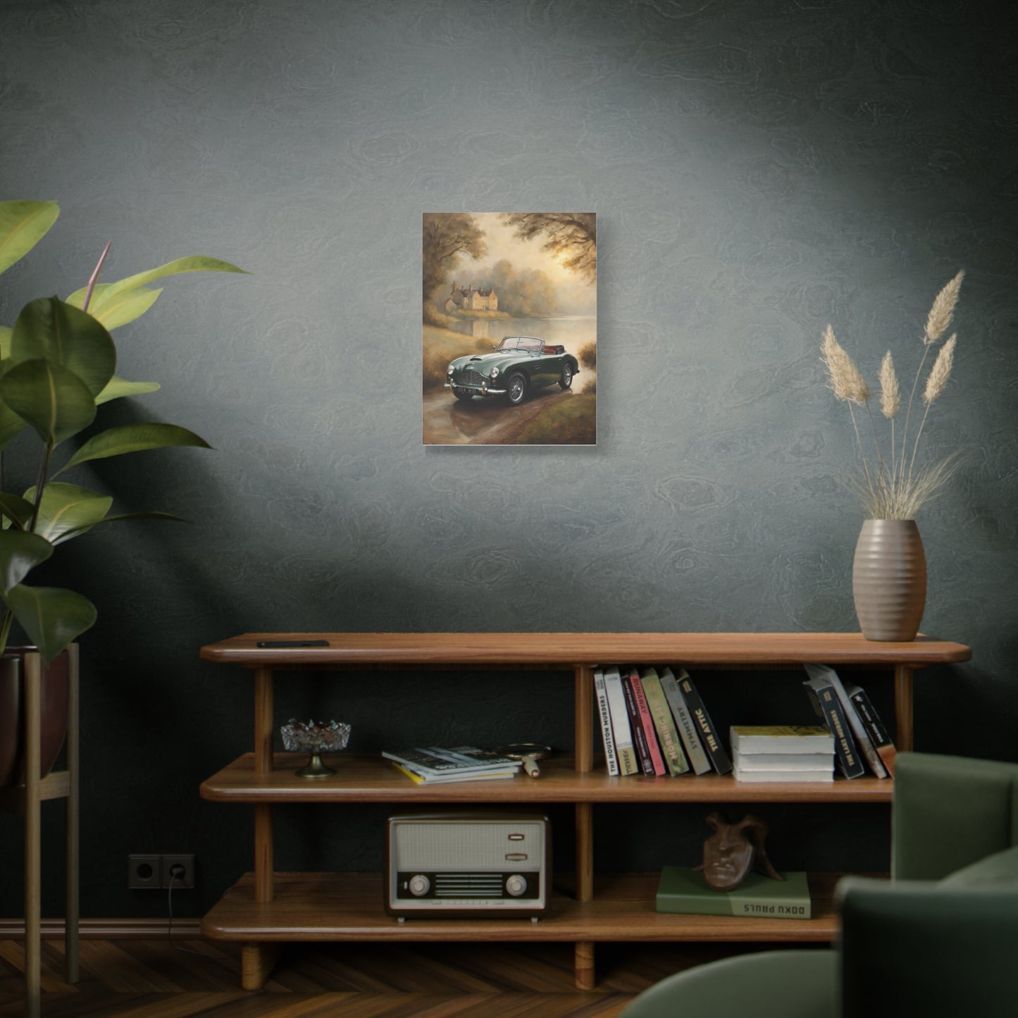 Nostalgic Car Canvas Art featuring a vintage car against a scenic background on a living room wall