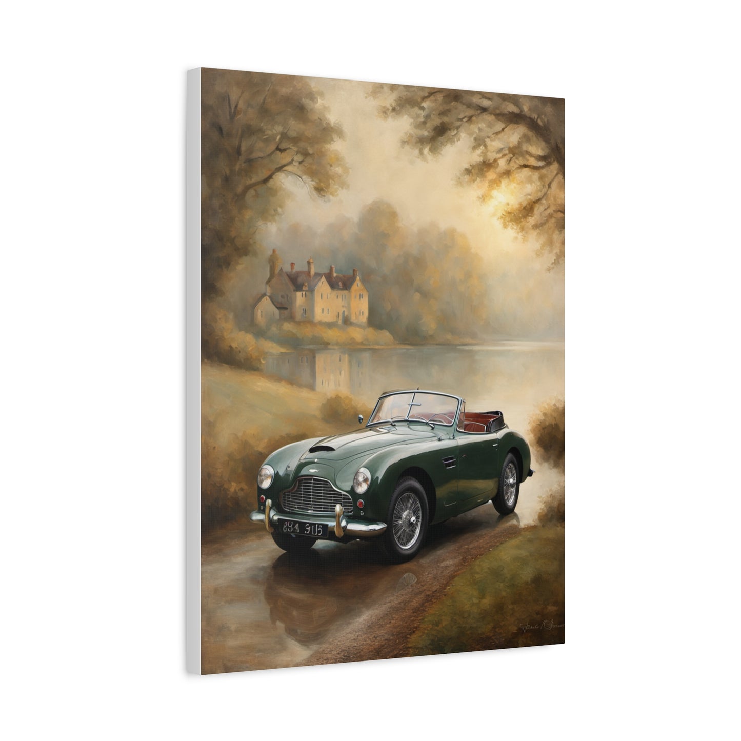 Nostalgic Car Canvas Art featuring a vintage green convertible parked near a serene lake and countryside scenery