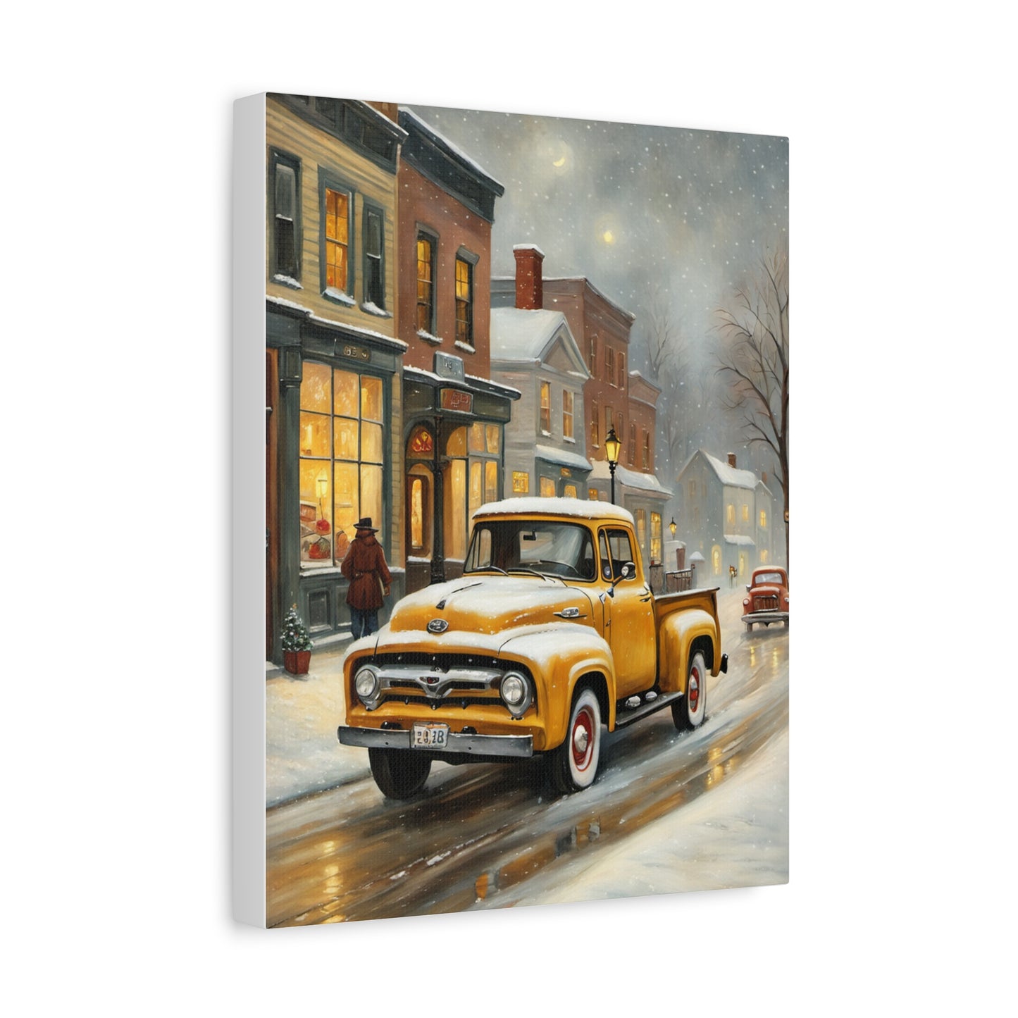 Nostalgic Truck Canvas Art featuring a vintage yellow truck on a snowy street at night