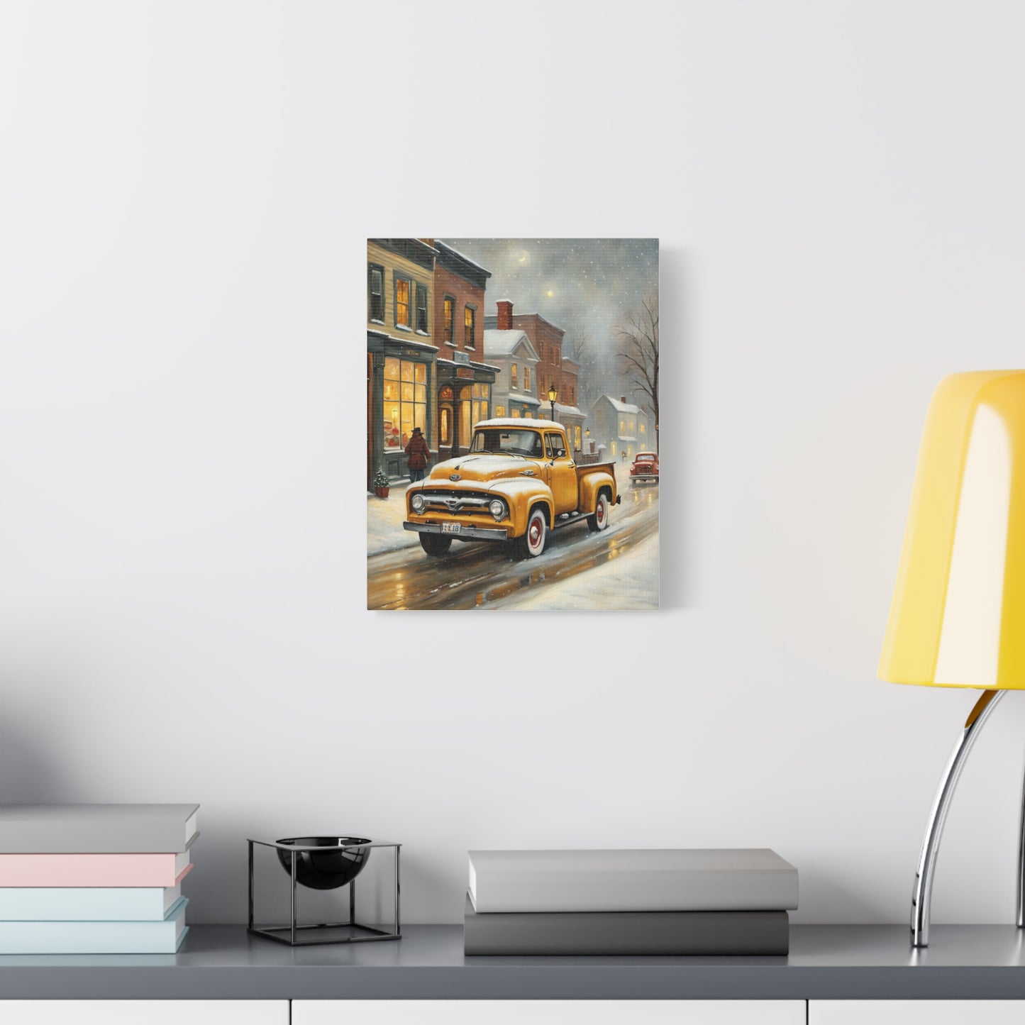 Nostalgic Truck Canvas Art featuring a yellow vintage truck on a snow-covered street scene