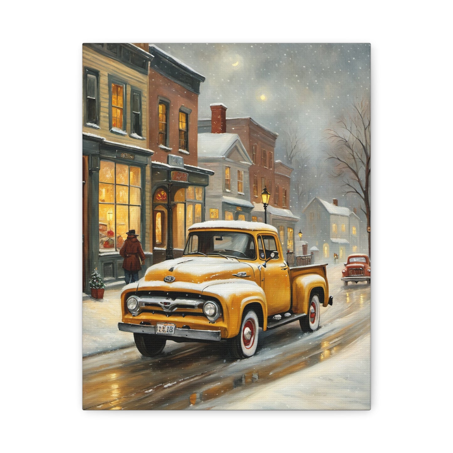 Nostalgic Truck Canvas Art featuring a vintage yellow truck parked on a snowy street at night