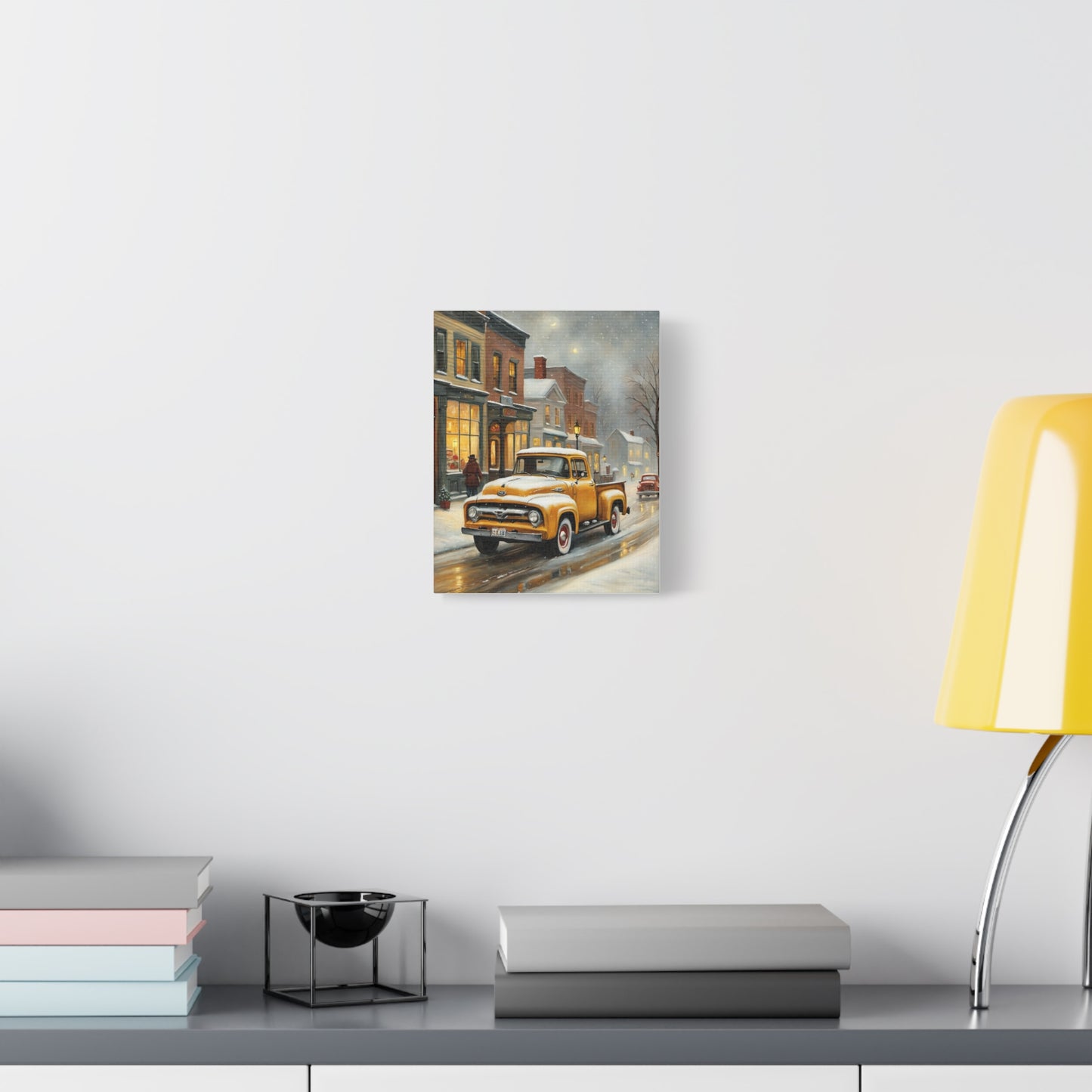 Nostalgic Truck Canvas Art featuring a winter scene with vintage trucks and charming houses