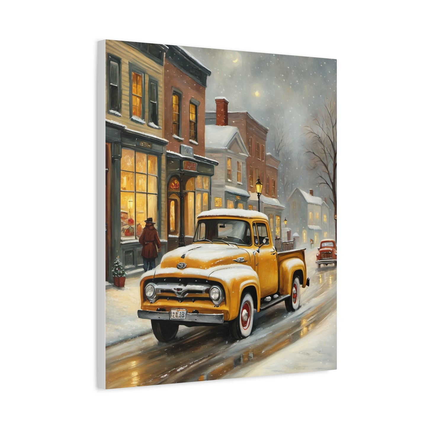 Nostalgic Truck Canvas Art featuring a yellow vintage truck in a snowy street scene