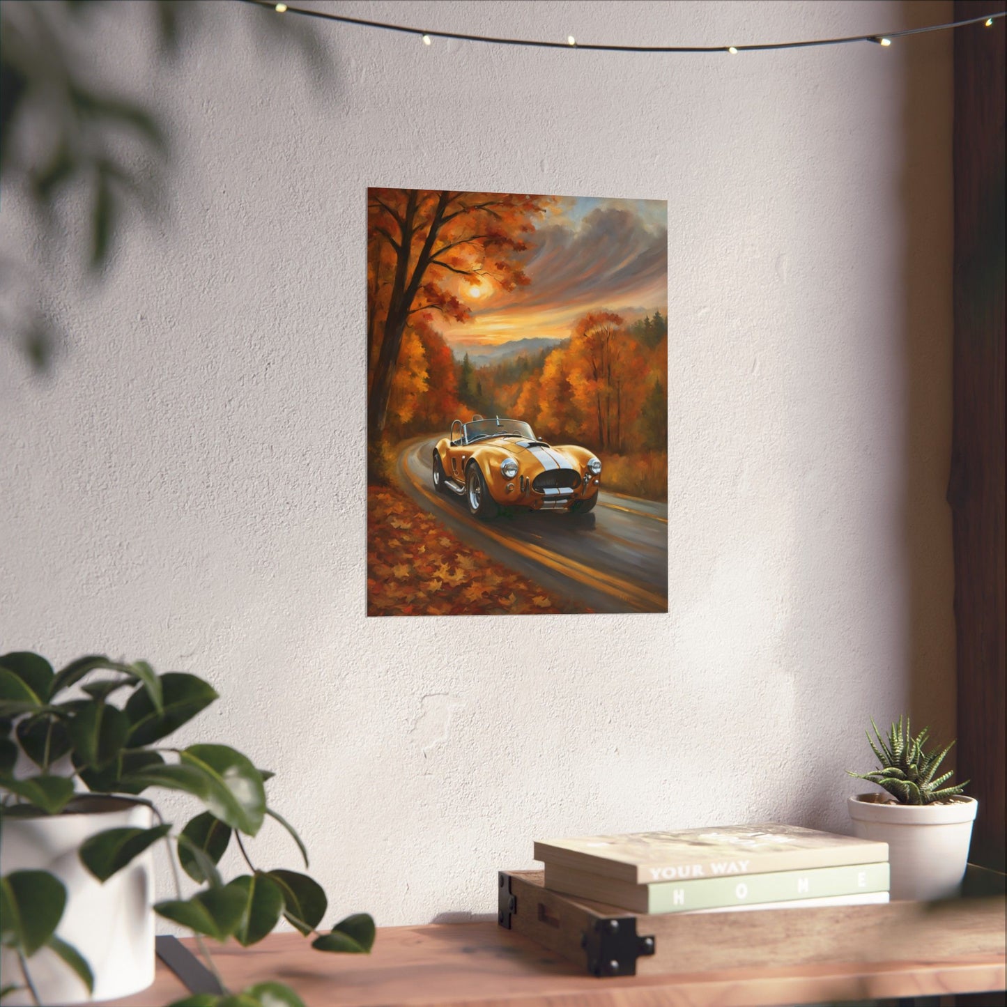 Old American Car Poster featuring a vintage car driving on a scenic autumn road