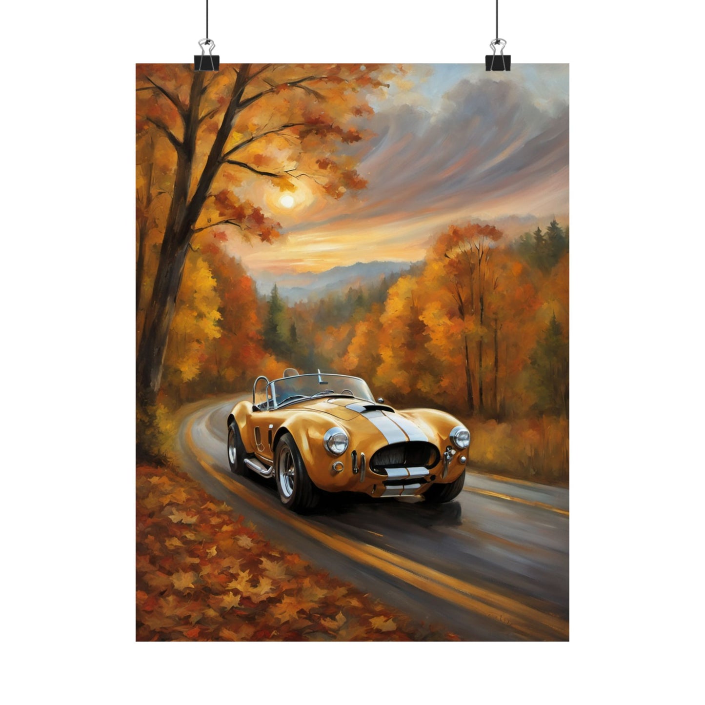Old American Car Poster featuring a vintage yellow sports car driving through a scenic autumn landscape