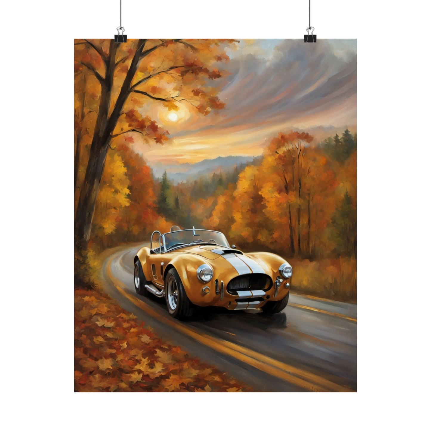 Old American Car Poster featuring a classic yellow sports car in a scenic autumn landscape