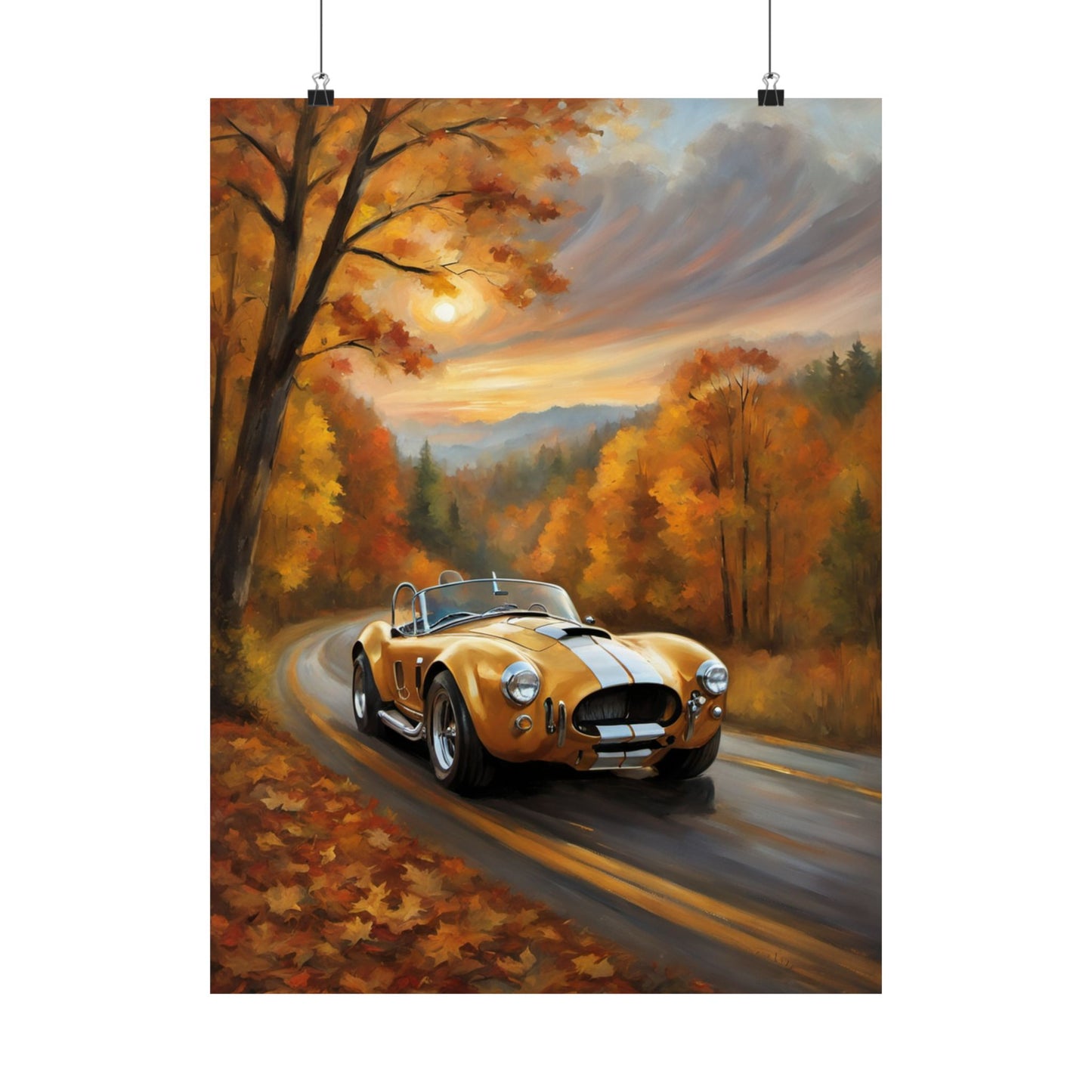Old American Car Poster featuring a retro yellow car driving through a scenic autumn landscape