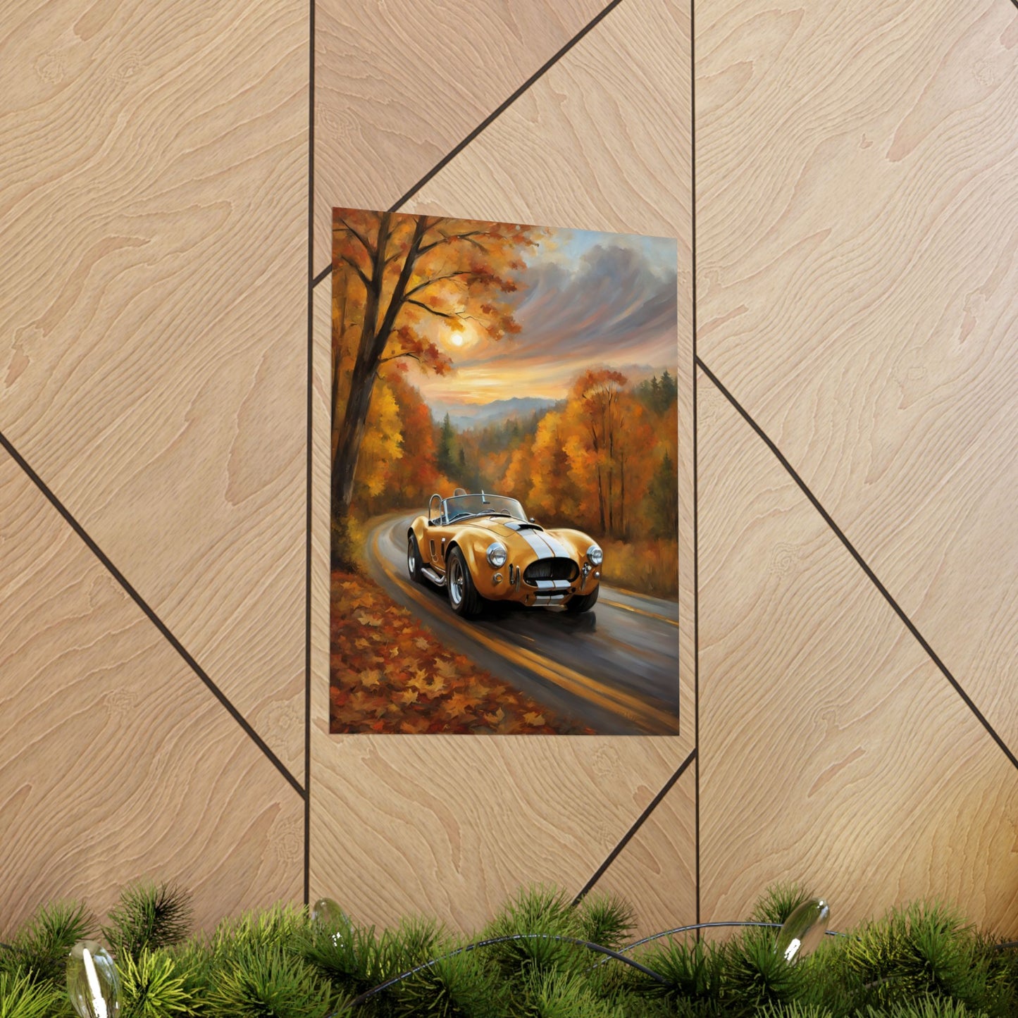 Old American Car Poster featuring a classic yellow car driving through a scenic autumn landscape