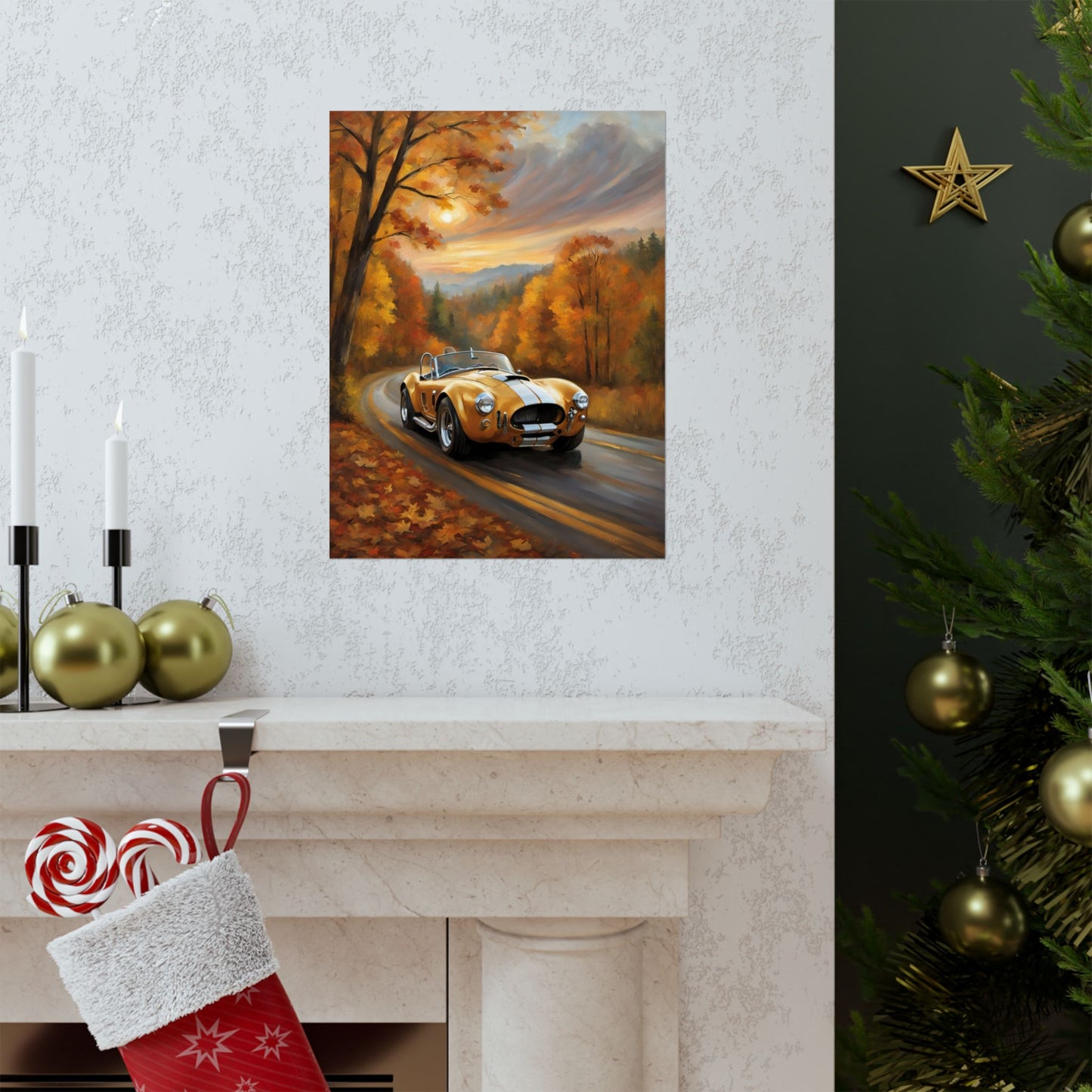 Old American Car Poster featuring a classic car driving through an autumn landscape