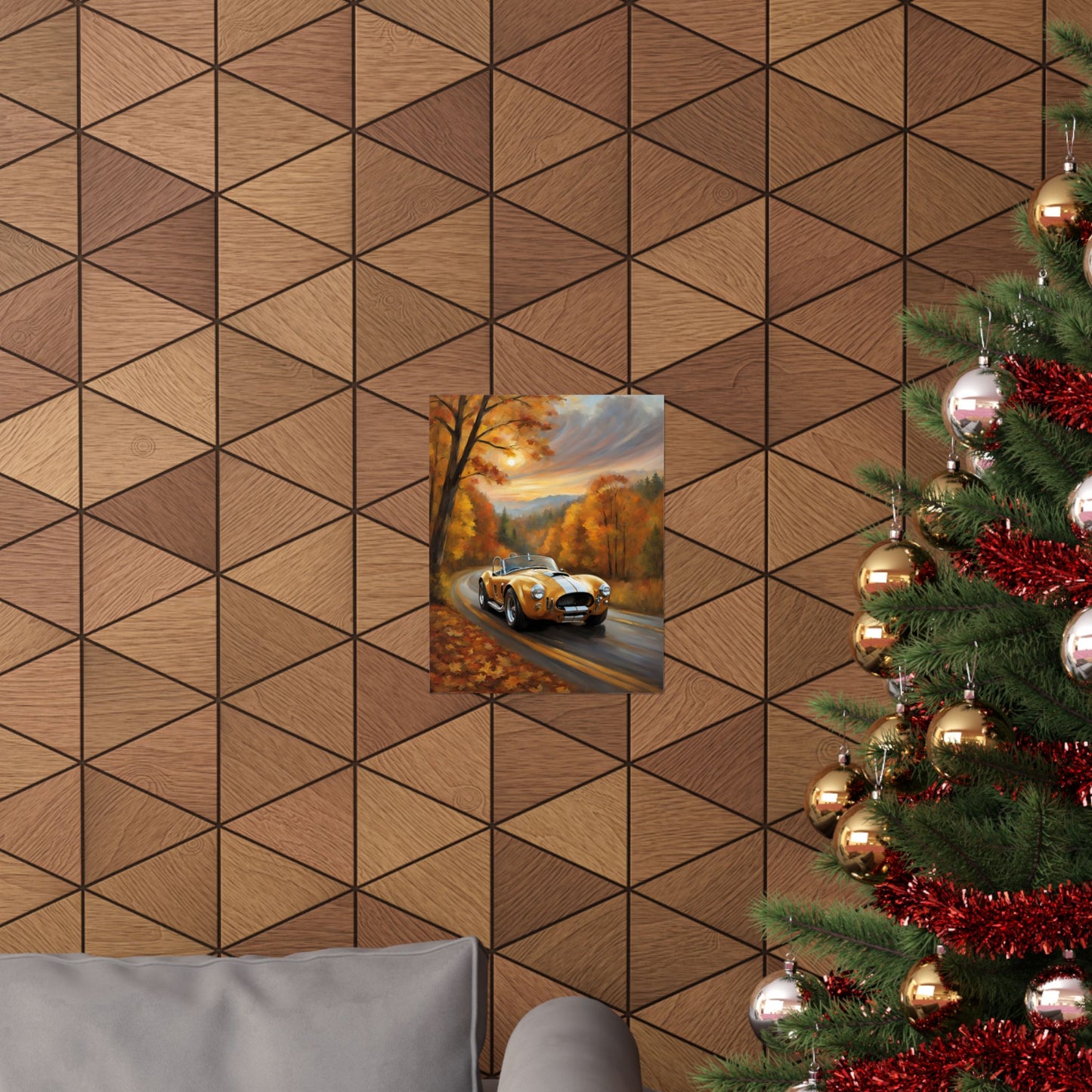 Old American Car Poster displayed on a wooden patterned wall with a Christmas tree nearby