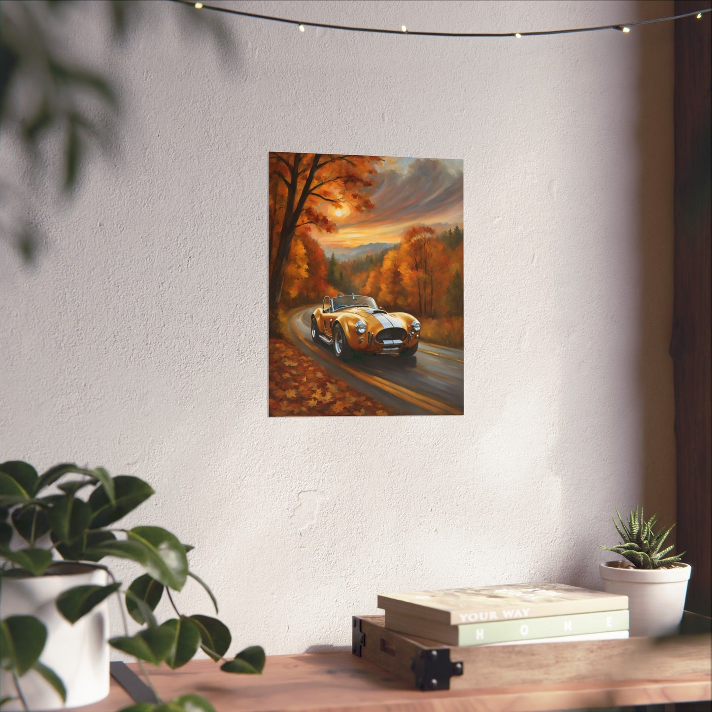 Old American Car Poster featuring a classic car driving through a vibrant autumn landscape
