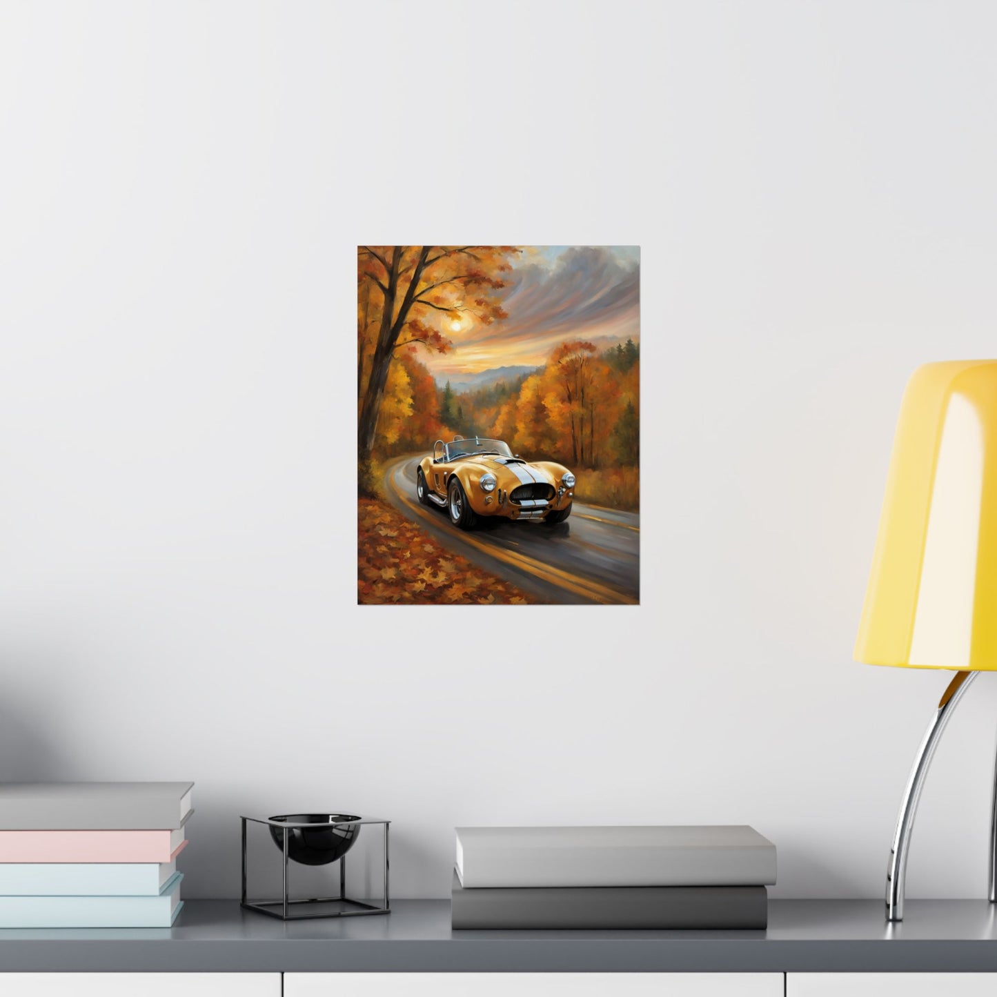 Old American Car Poster featuring a classic car on a scenic autumn road with vibrant foliage