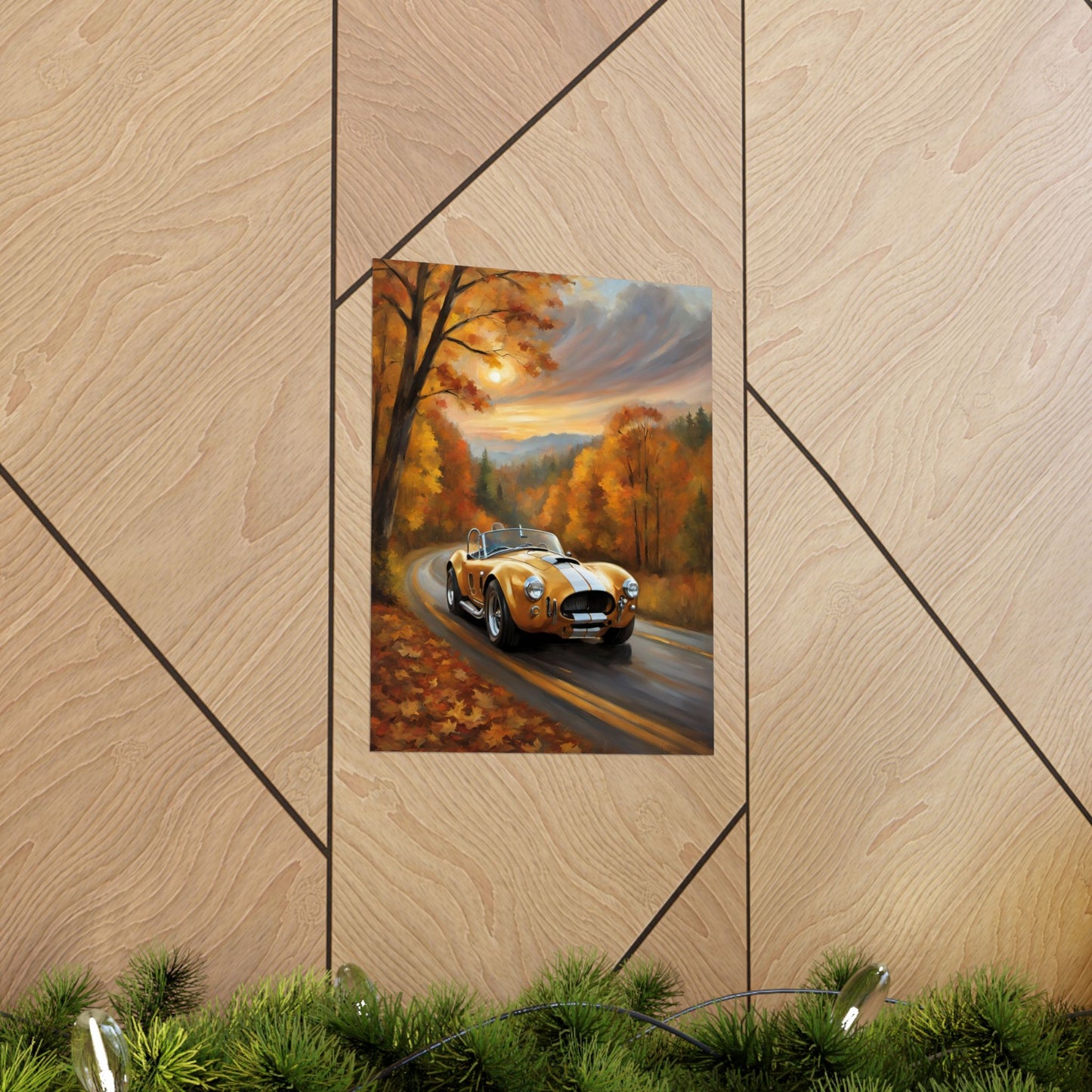 Vintage Old American Car Poster featuring a classic car on a scenic autumn road