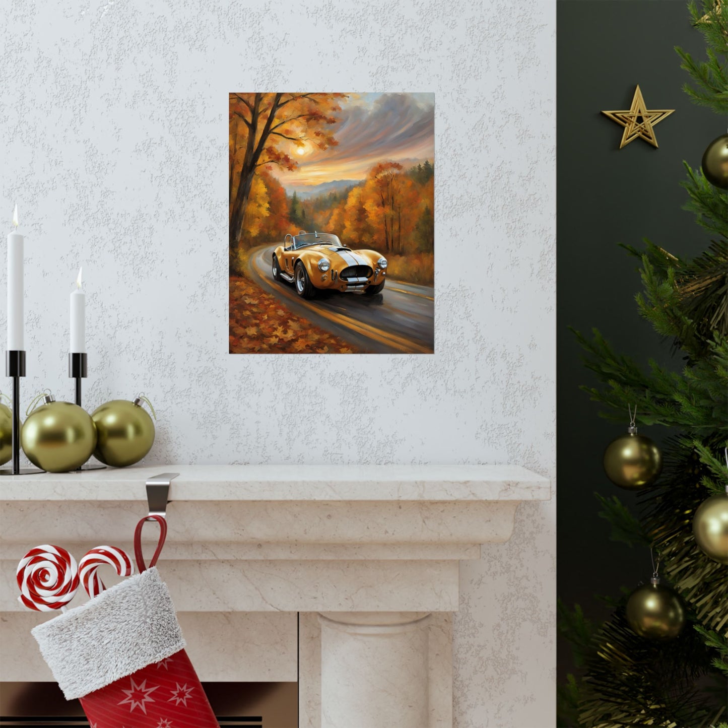 Old American Car Poster featuring a vintage car on a scenic autumn road