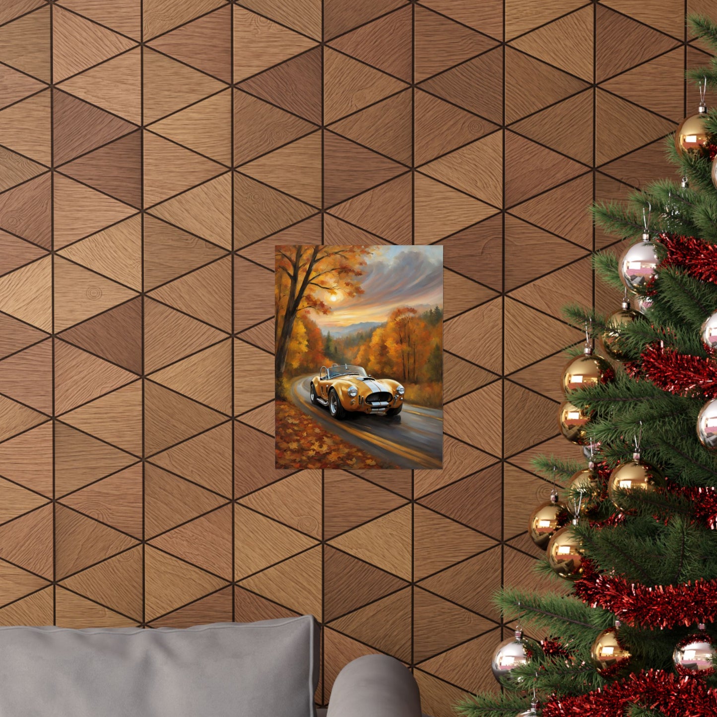 Old American Car Poster displayed on a wall with warm autumn colors and festive Christmas decor