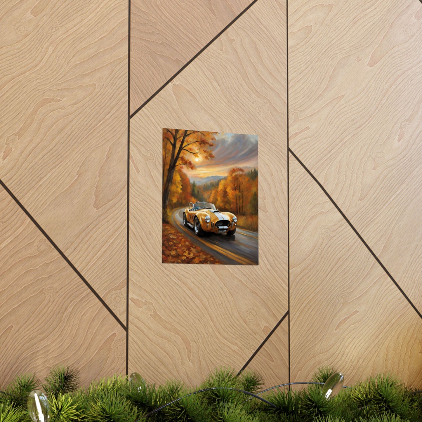 Old American Car Poster featuring a nostalgic car on a scenic autumn road