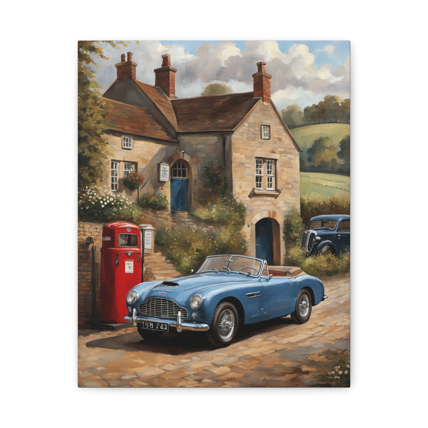 Old Car Canvas Print featuring a classic blue convertible near a vintage gas station and charming cottages