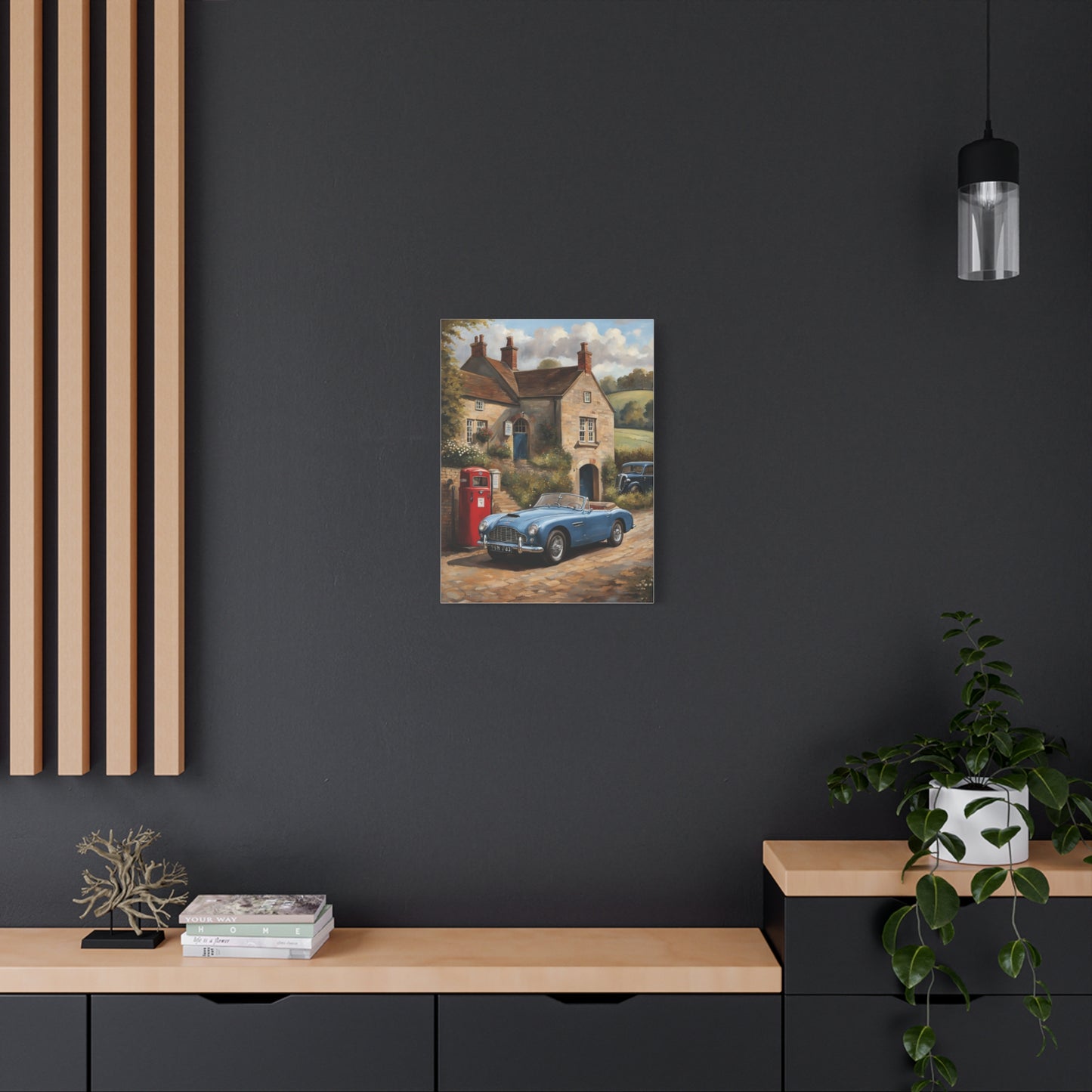 Old Car Canvas Print featuring a vintage blue car parked near a charming building