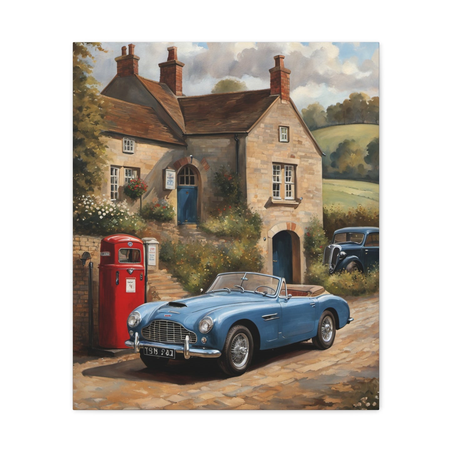 Old Car Canvas Print featuring a classic blue convertible beside a vintage gas station