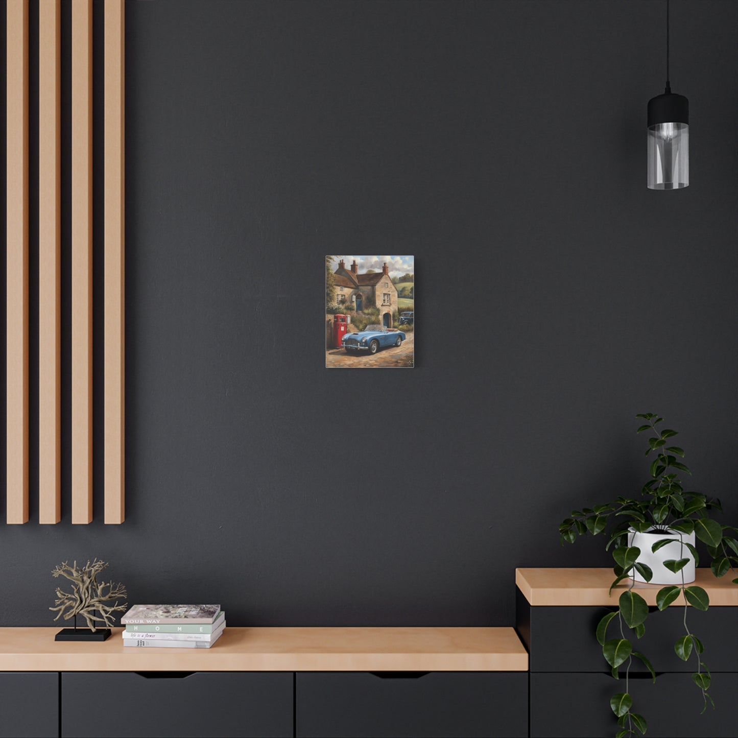 Old Car Canvas Print displayed on a modern wall with wooden accents and a decorative plant