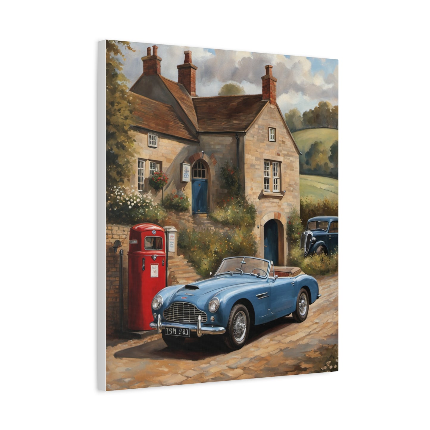 Old Car Canvas Print featuring a classic blue car parked in front of a charming countryside house