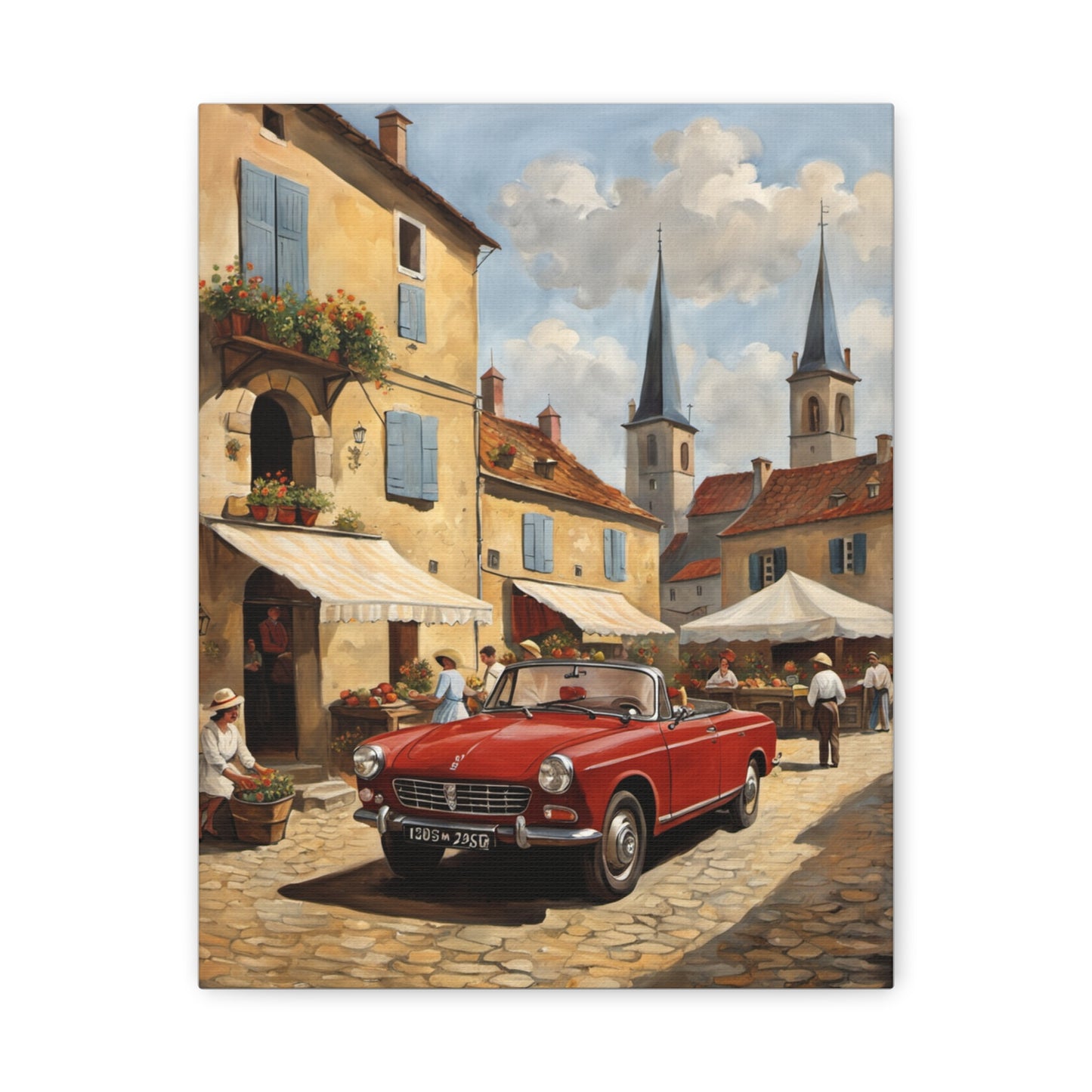 Old Car Canvas Print featuring a classic red car parked in a picturesque village with charming buildings