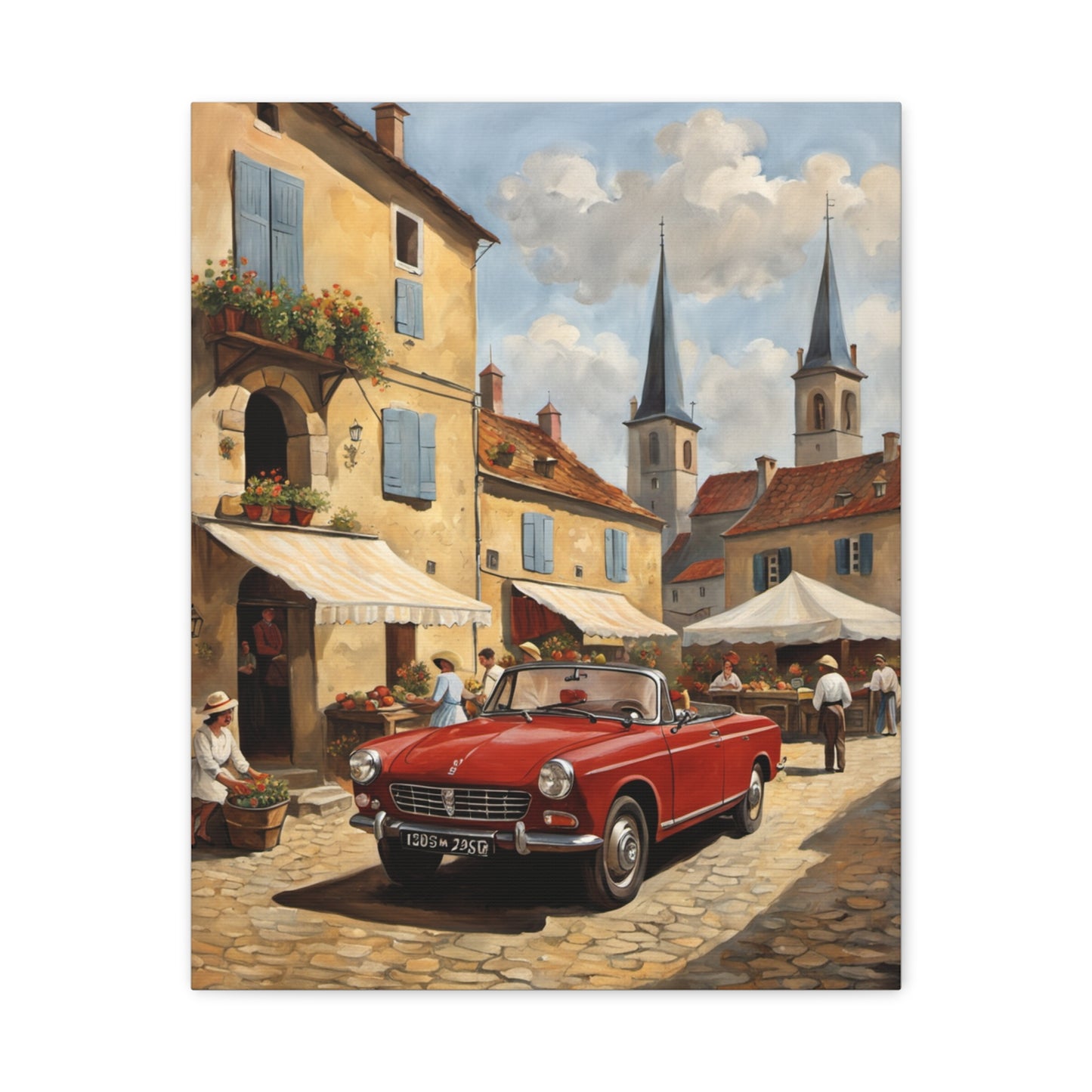 Old Car Canvas Print featuring a vintage red convertible in a charming European village scene